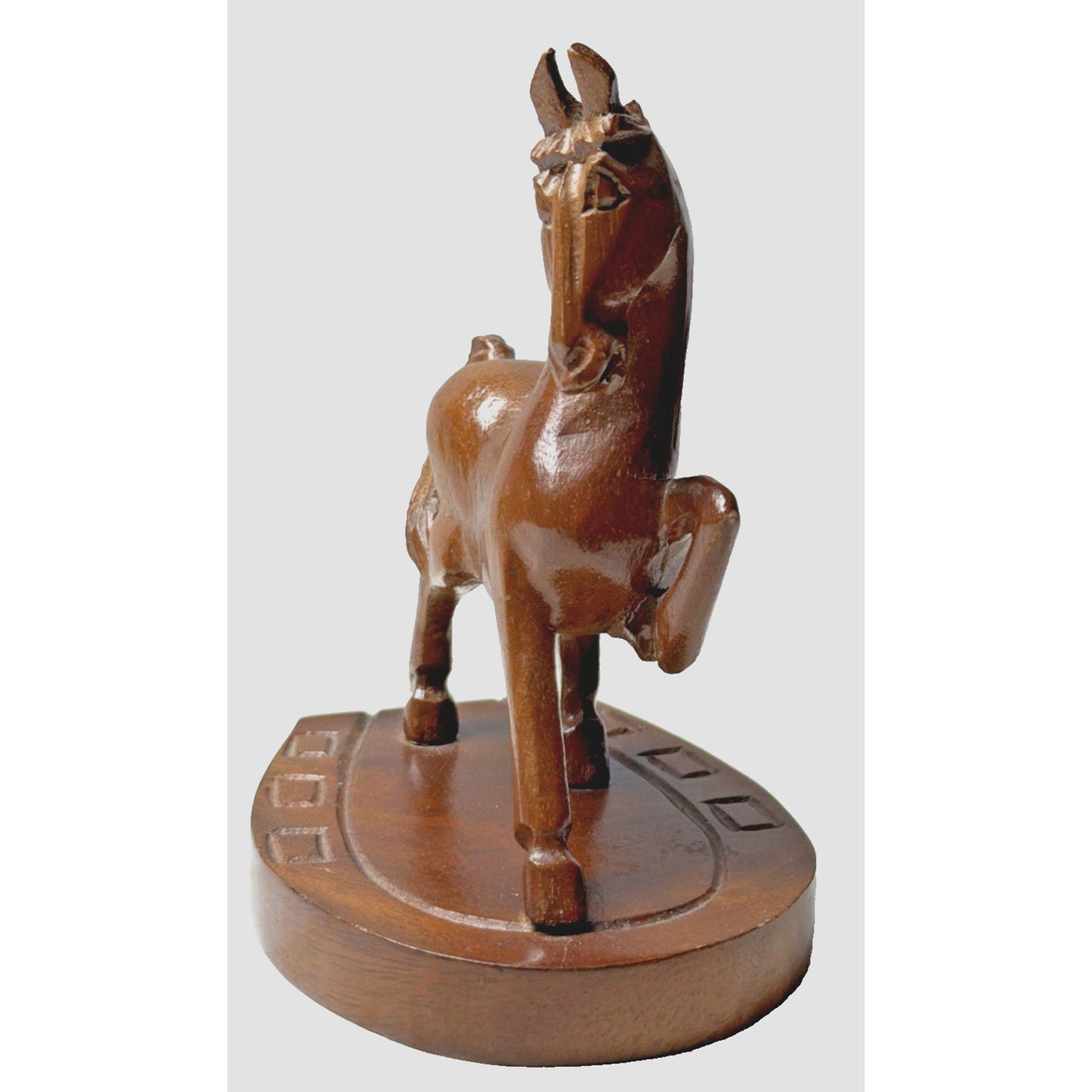 Vintage SC Vizcarra Wood Carving Horse Stallion Sculpture Horseshoe Paperweight