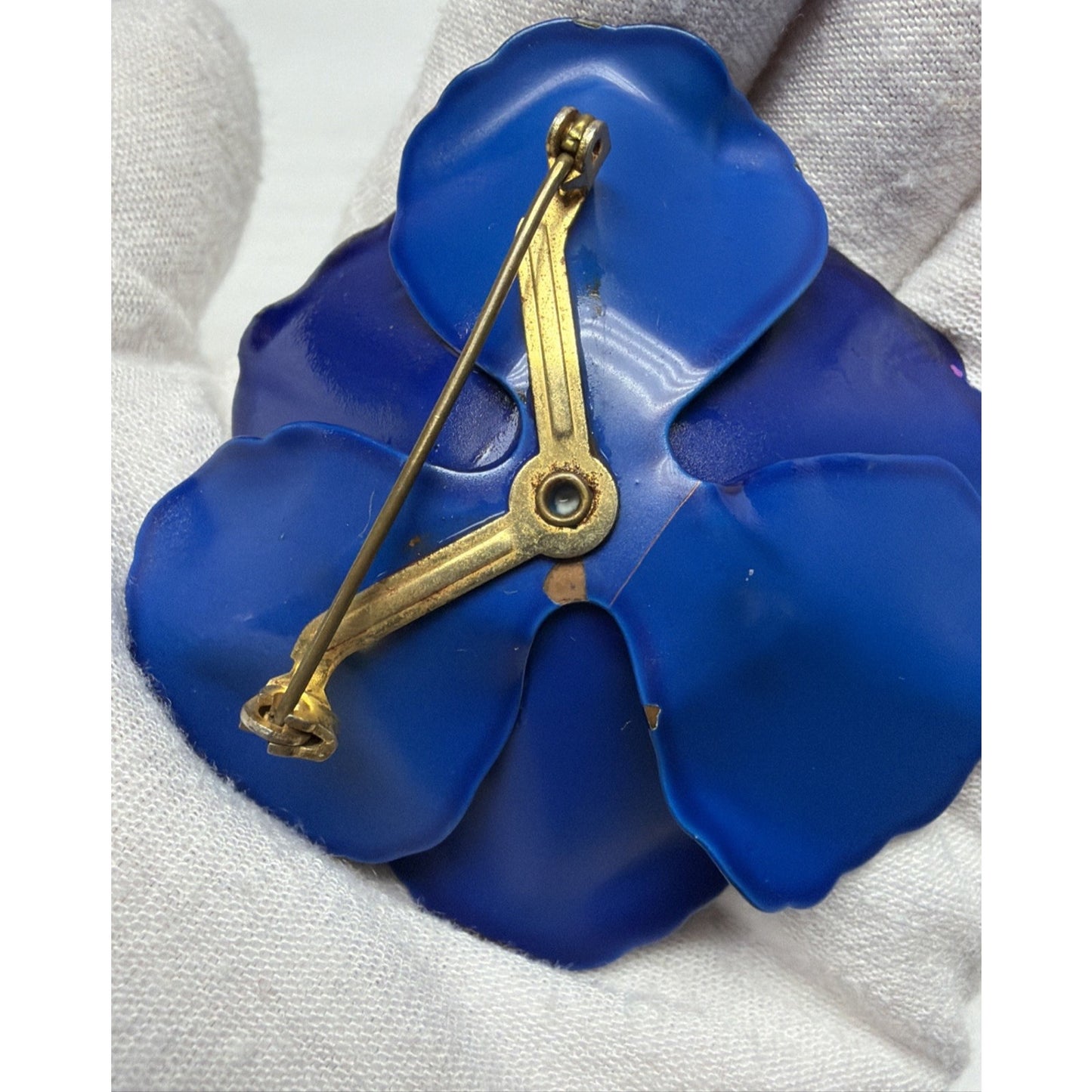 Vintage Blue Metal Purple Enamel Flower Bloom Pin Brooch Large
