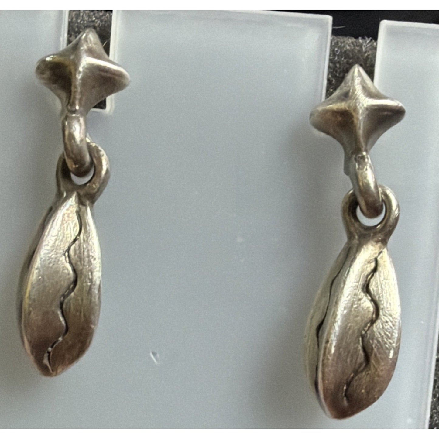 Modernist Silver Geometric Abstract Dangle Earrings Bean Fishbone Seed Pod As Is
