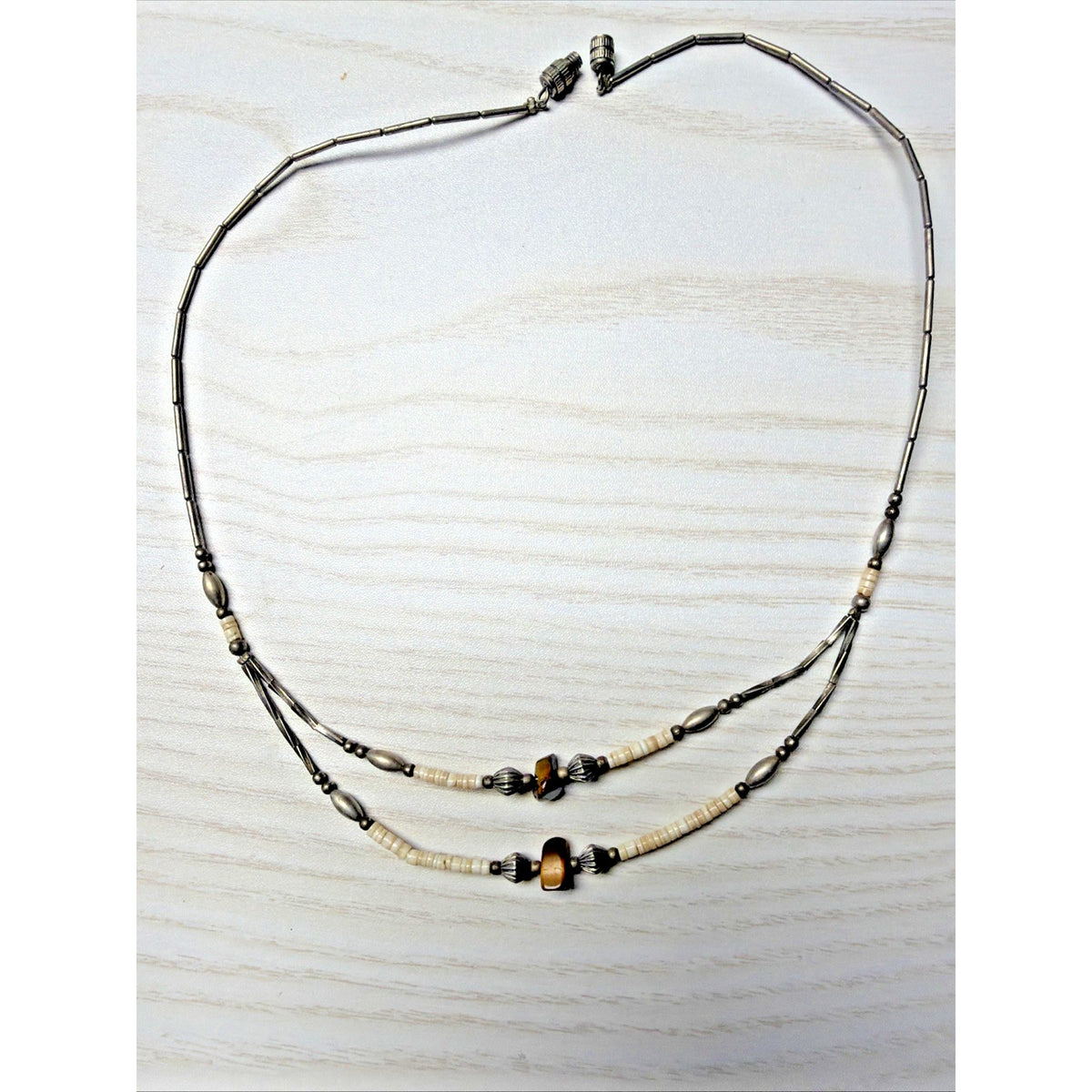 Vtg Liquid Silver Heishi Bead Tigers Eye Stone Necklace Sterling Southwestern