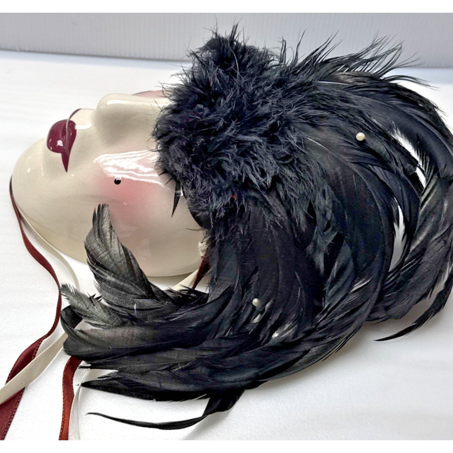 Unique Creations Ceramic Glazed Mask Feathers Pearl Signed Sticker 318/500 As-Is