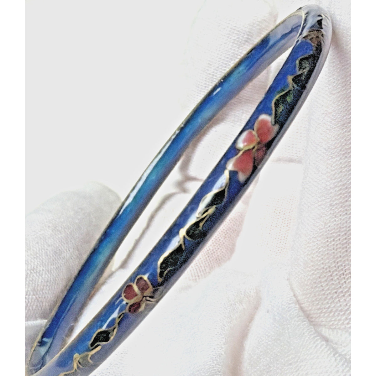 Vintage Chinese Cloisonne Floral Flower Bangle Bracelets Blue Enamel As Is