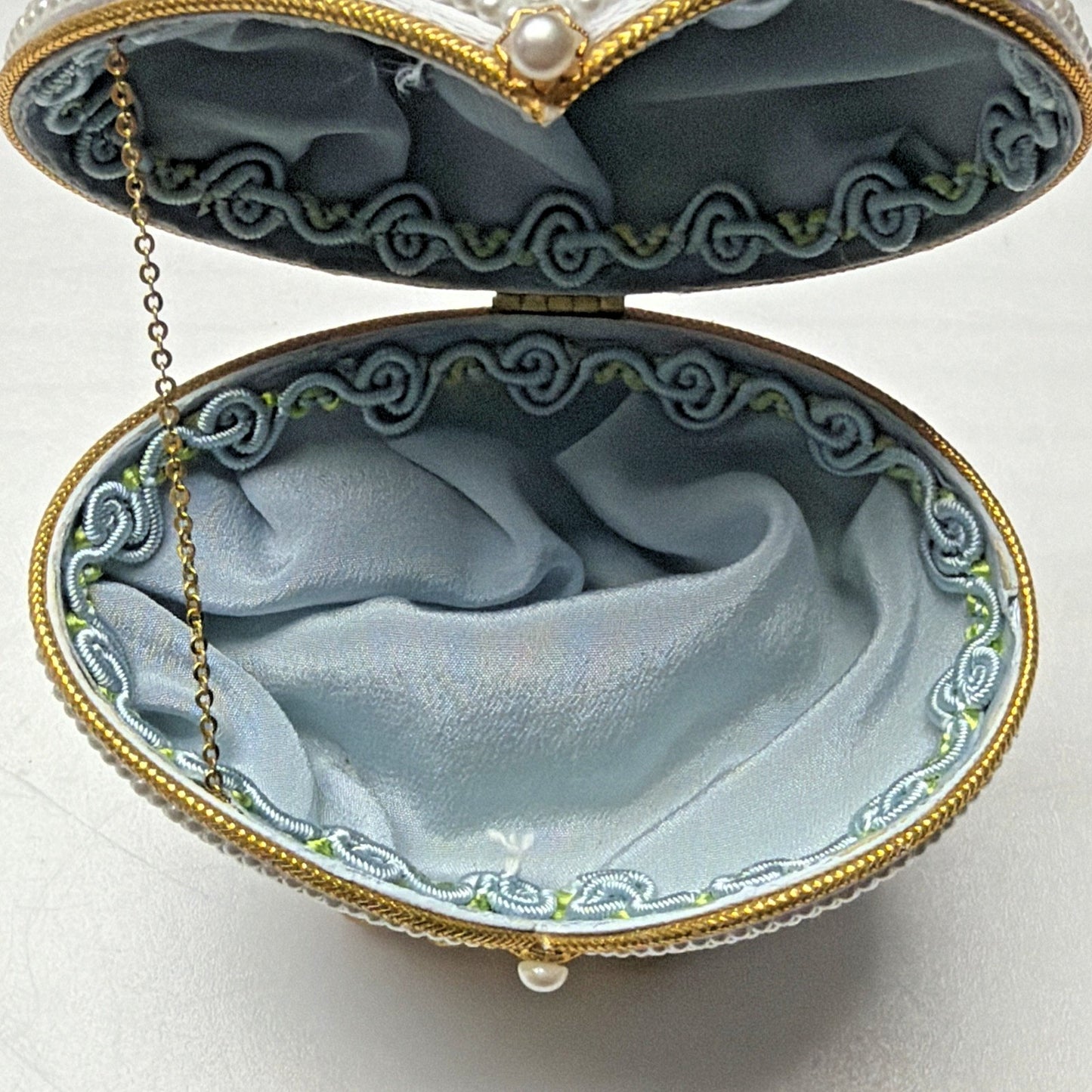 Egg Fantasy Hand Decorated Goose Egg Blue Trinket Jewelry Box Porcelain Flowers