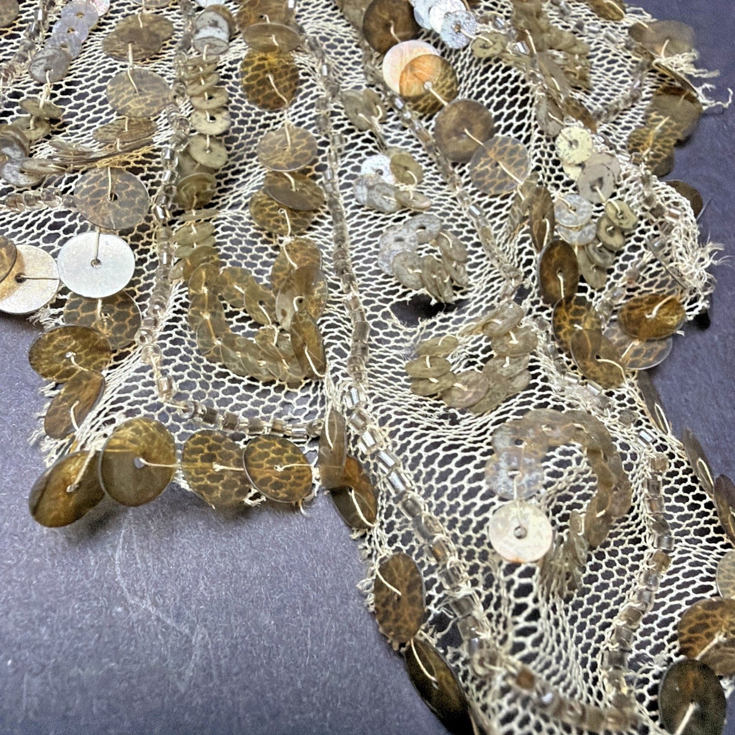 Antique Gold Sequined Tulle Lace Applique Bow Adornment As Is