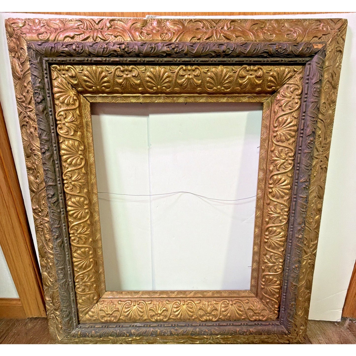 Antique Victorian Layered Wood Gold Floral Gesso Frame Only Wall Art As Is