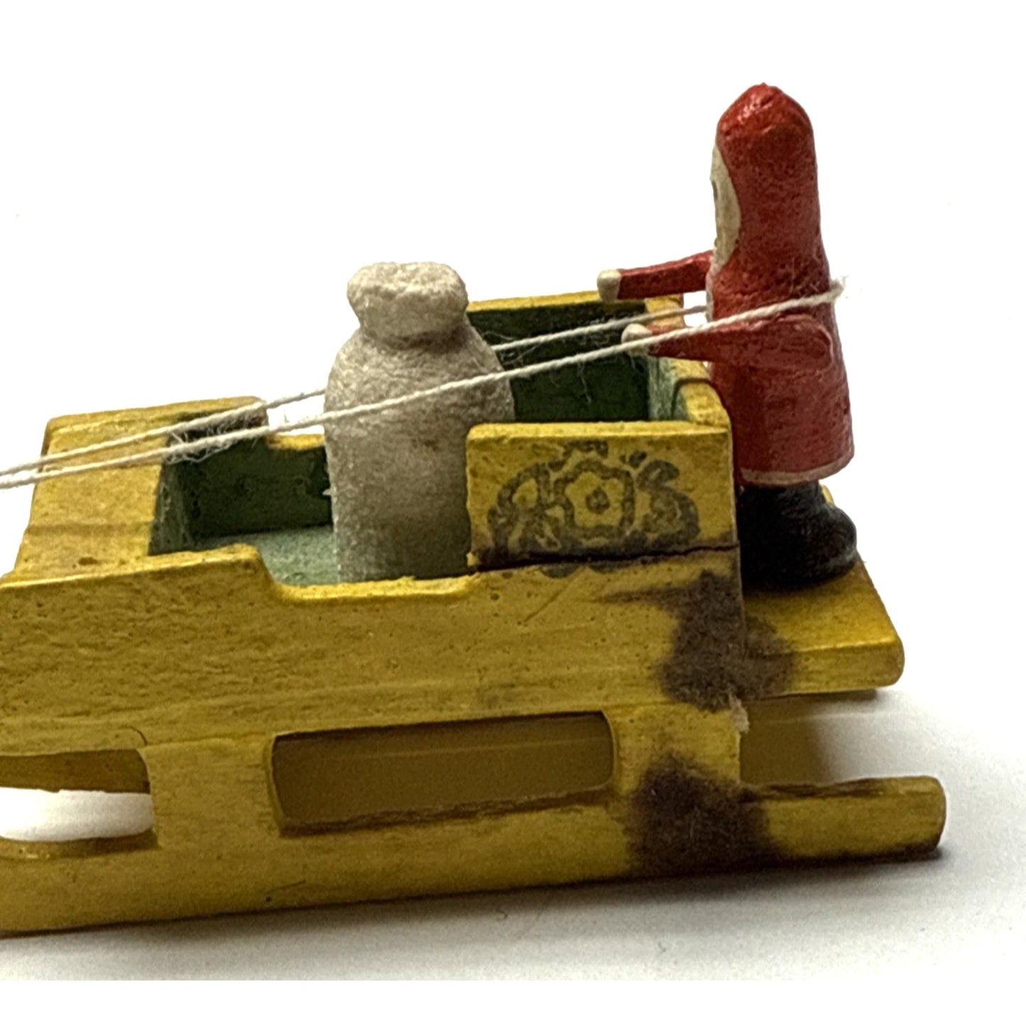 Old Erzgebirge Putz Toy Miniature Wood Santa Sleigh Reindeer Bag Christmas As-Is