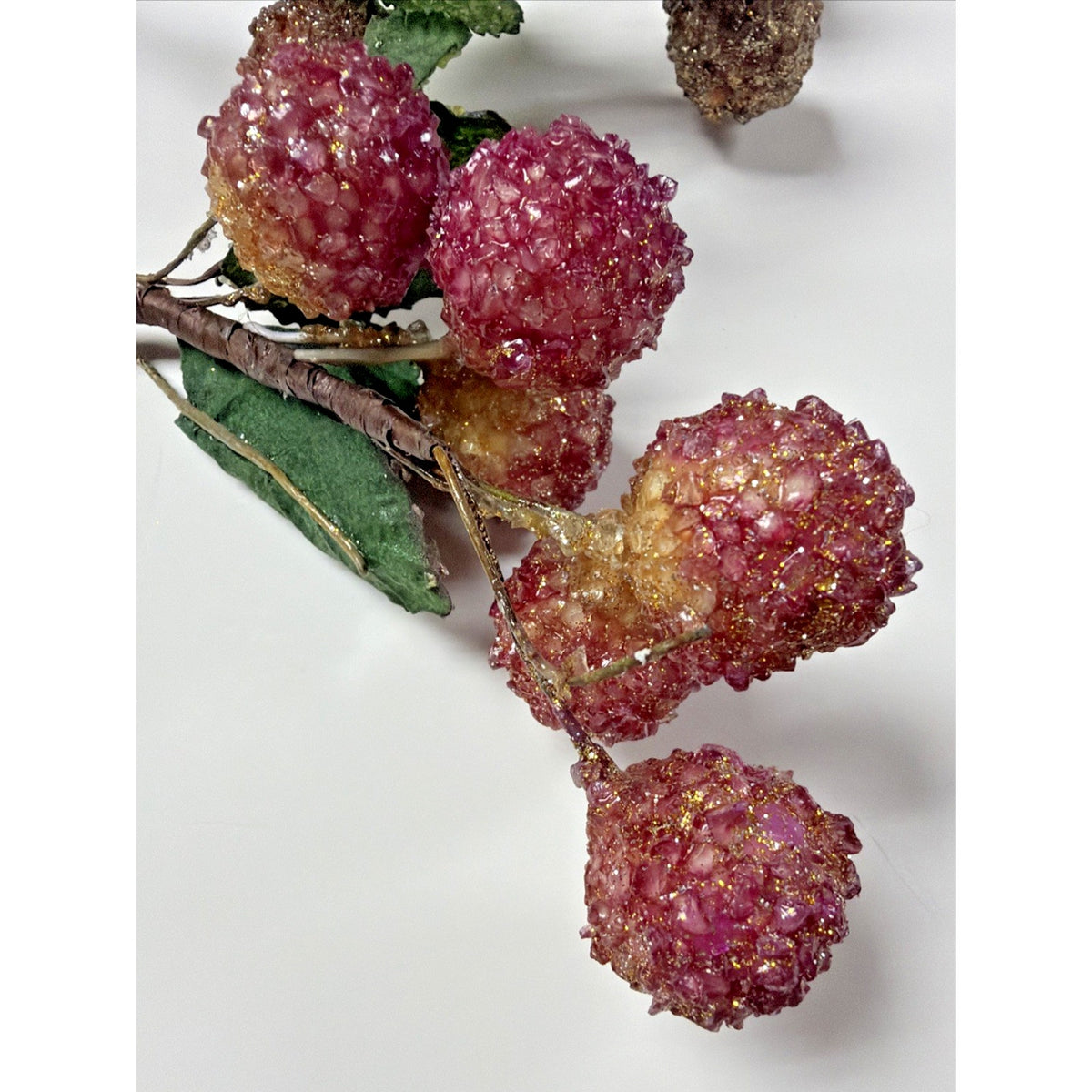 Vintage Lot of 2 Beaded Fruit Berry Grape Stem Picks Sugar Coated Leaf Bouquet
