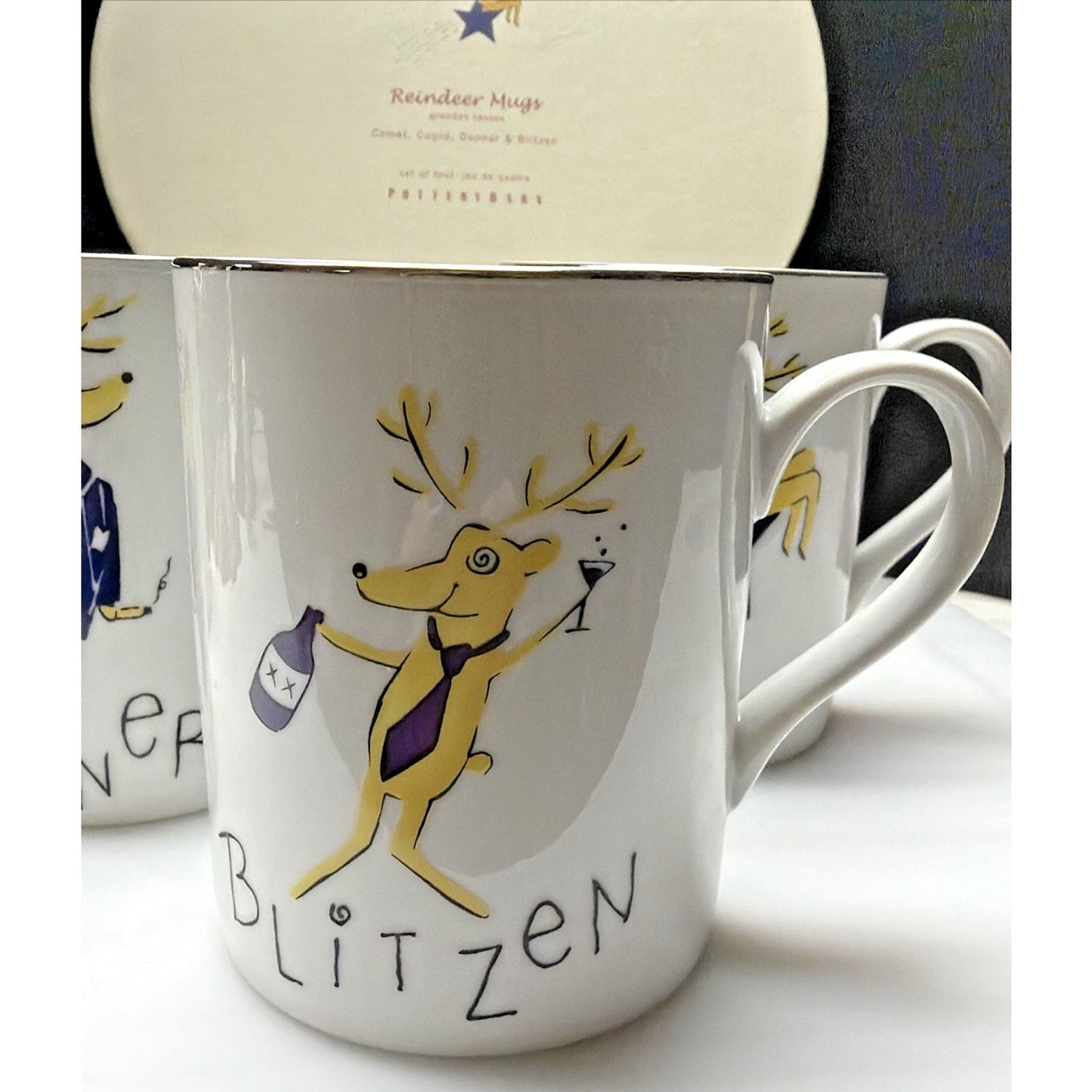 Pottery Barn Set of 4 Reindeer Mugs Box Williams Sonoma Comet Donner Blitzen Cup