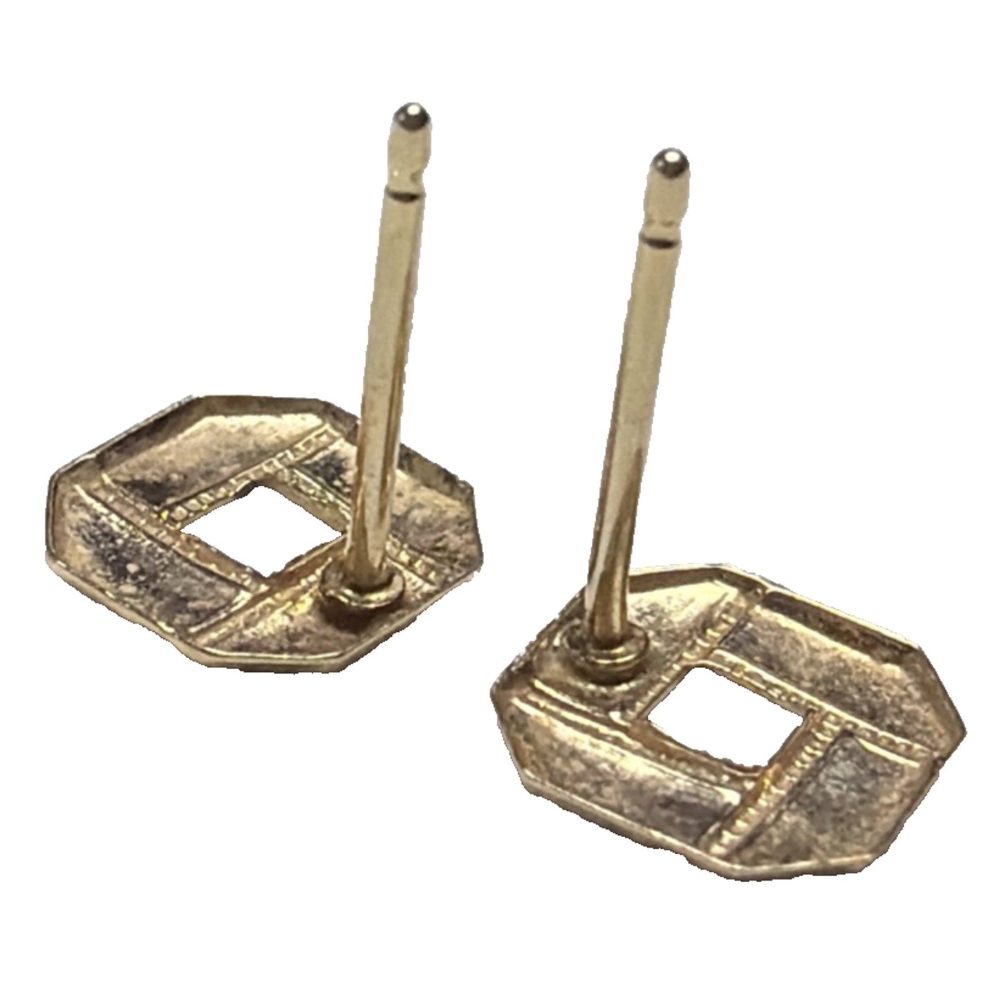 Vintage 14k Yellow Gold Hexagonal Stud Earrings Open Weave Square No Backs