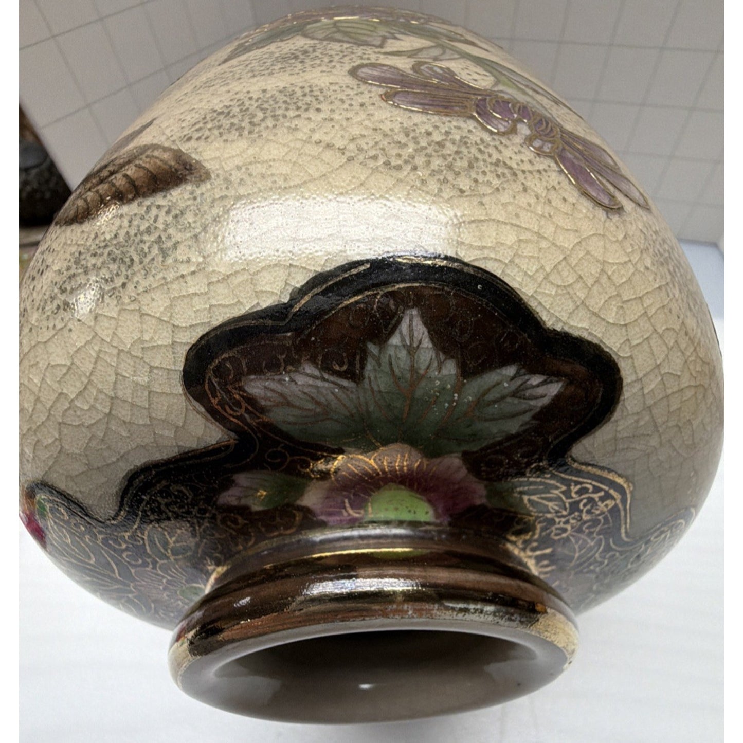 Old Hand Painted Japanese Satsuma Vase Crackle Gold Gilded Birds Floral Birdcage
