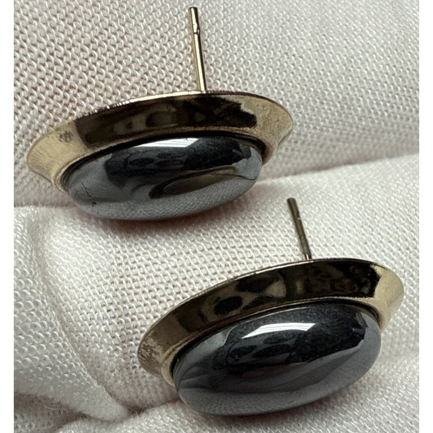 Vintage Gold Tone Metal Hematite Cabochon Earrings Oval Post Stud Large As-Is