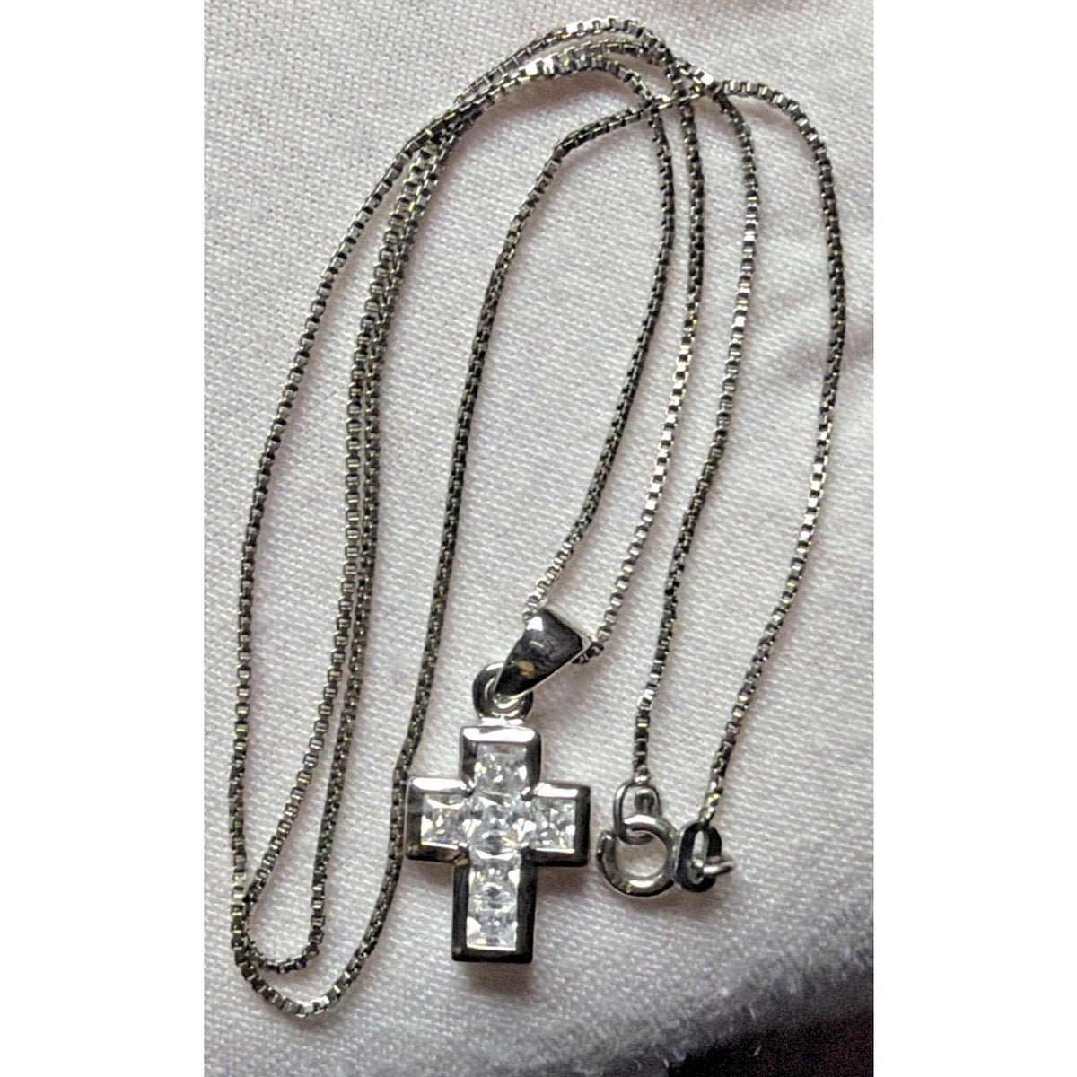 Sterling Silver Religious Cross Pendant Necklace Princess Cut Crystals Box Chain