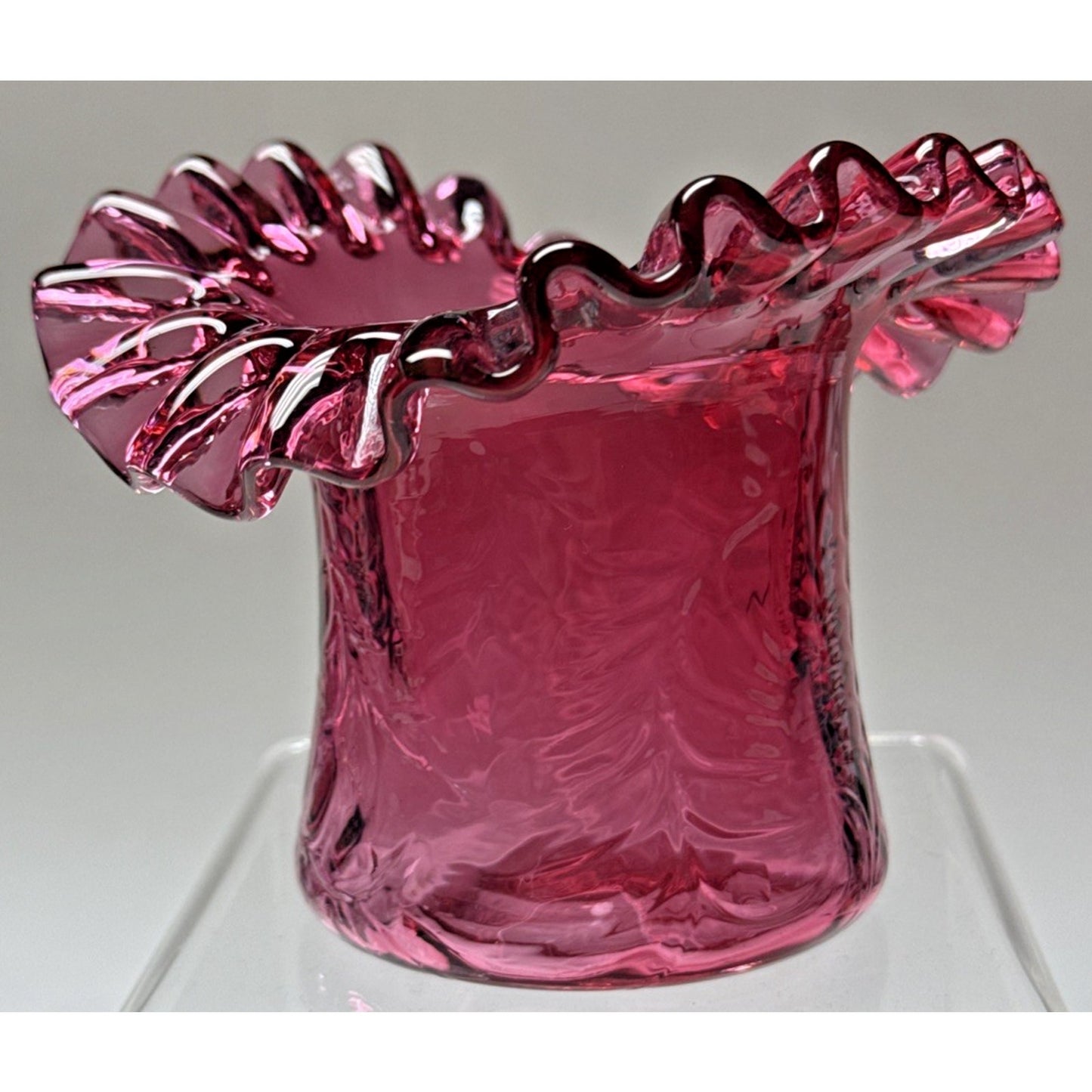 Vintage Fenton Glass Cranberry Embossed Fern #7235 Crimped Hat Vase