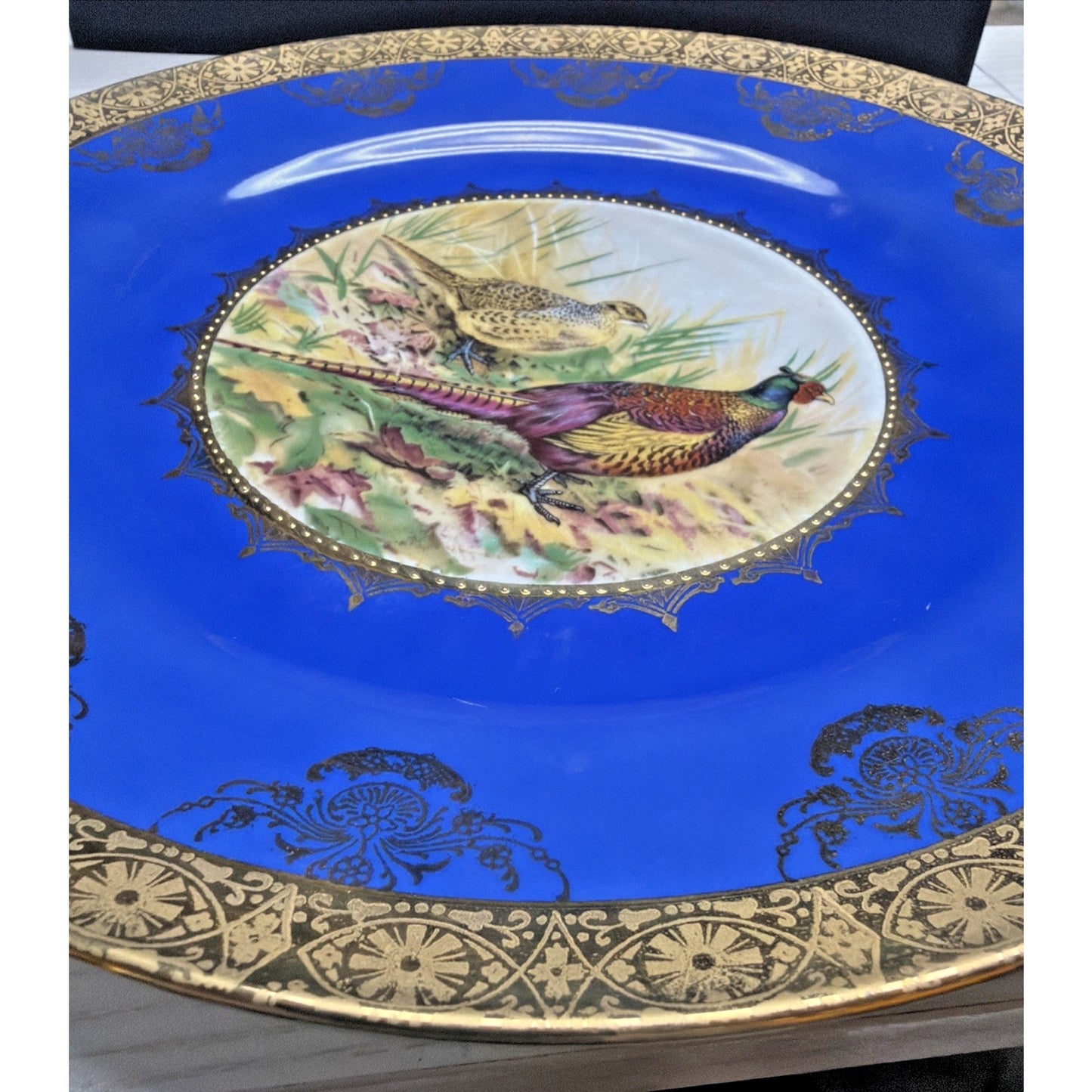 Vintage STW Bavaria Game Plate Cobalt Blue Pheasants Gold Gilt Trim Ornate