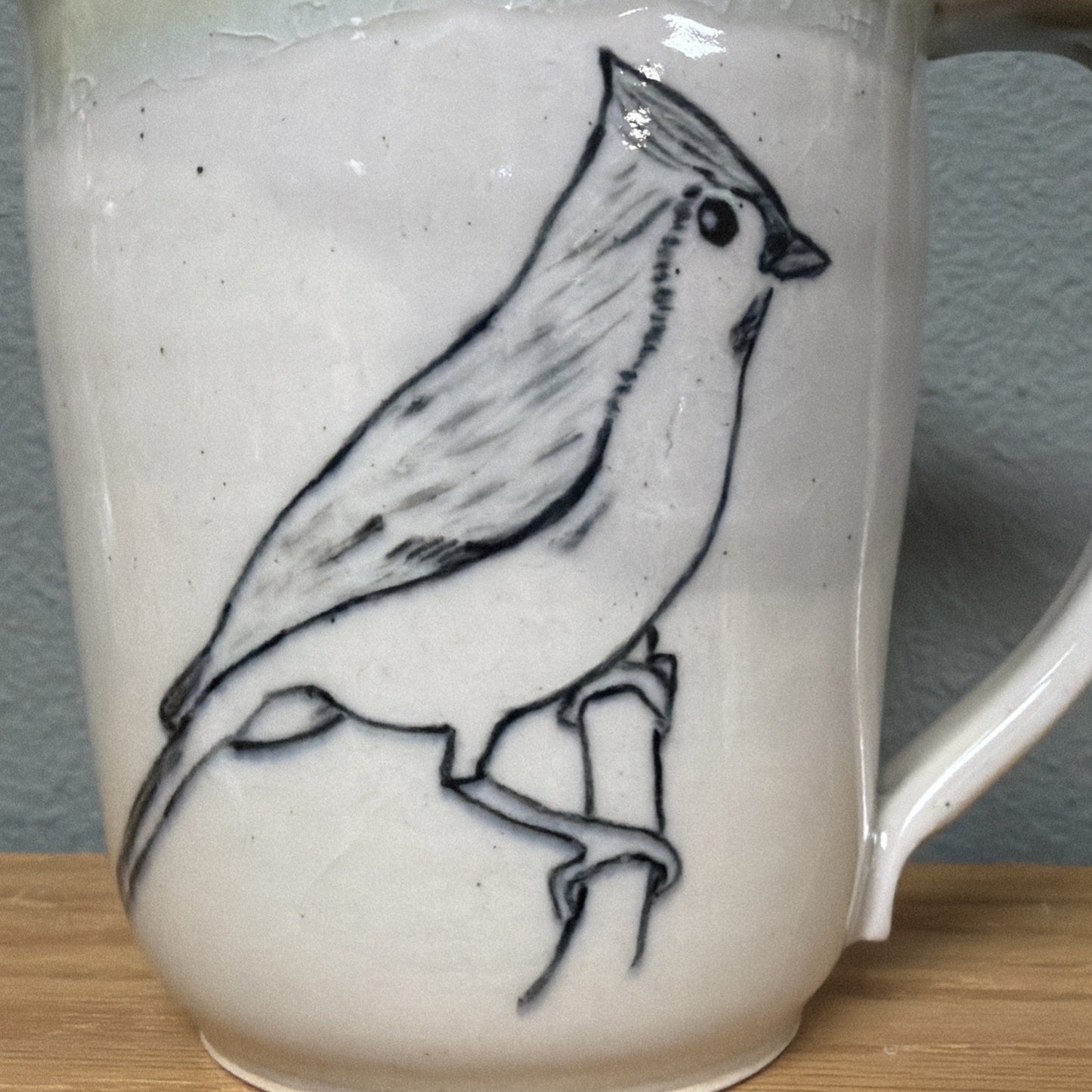 Vtg Studio Art Pottery Mug Drawn Tufted Titmouse Bird Glazed Stoneware Signed