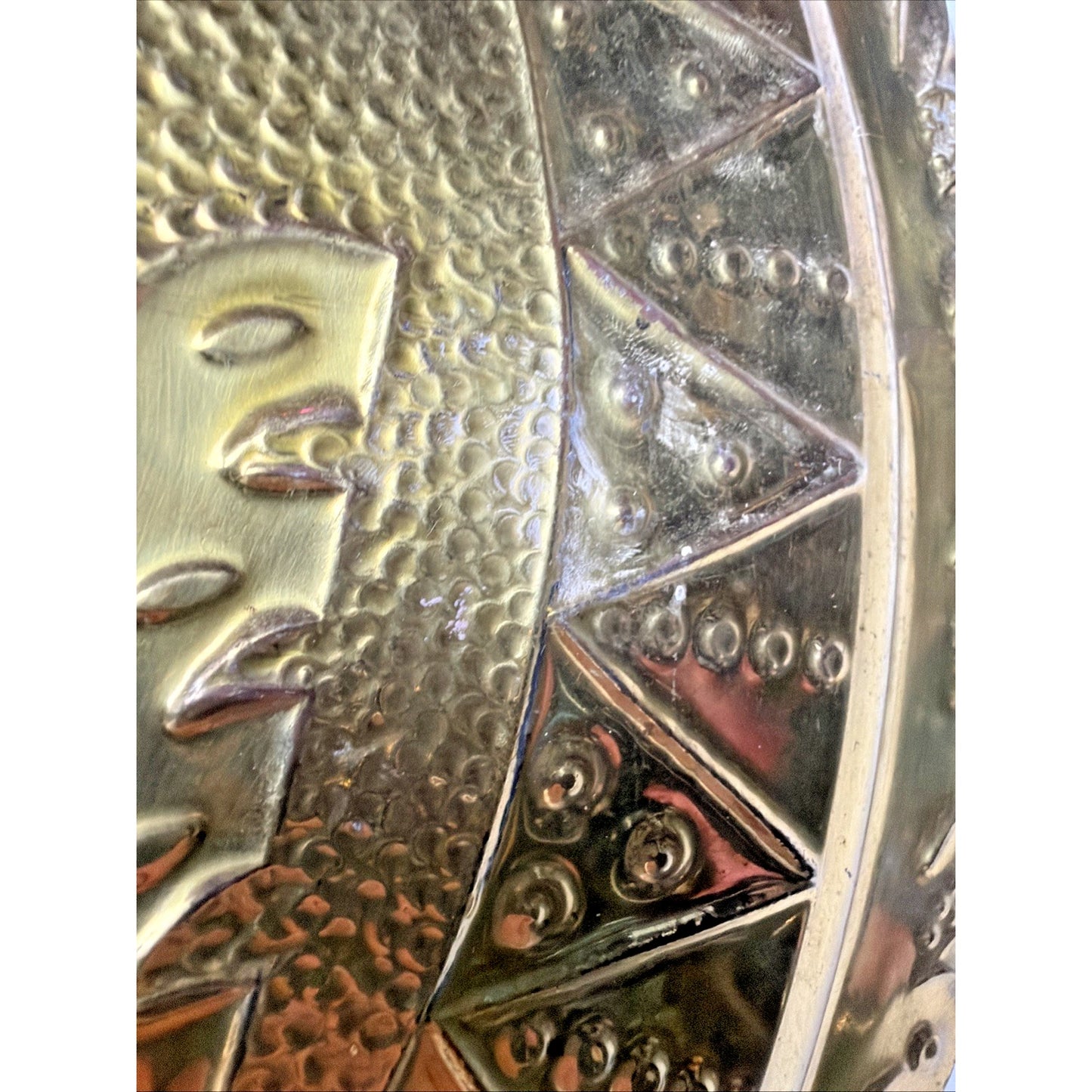 Mayan Aztec Peruvian Brass Gold Metal Enamel Engraved Hammered Wall Plate As Is