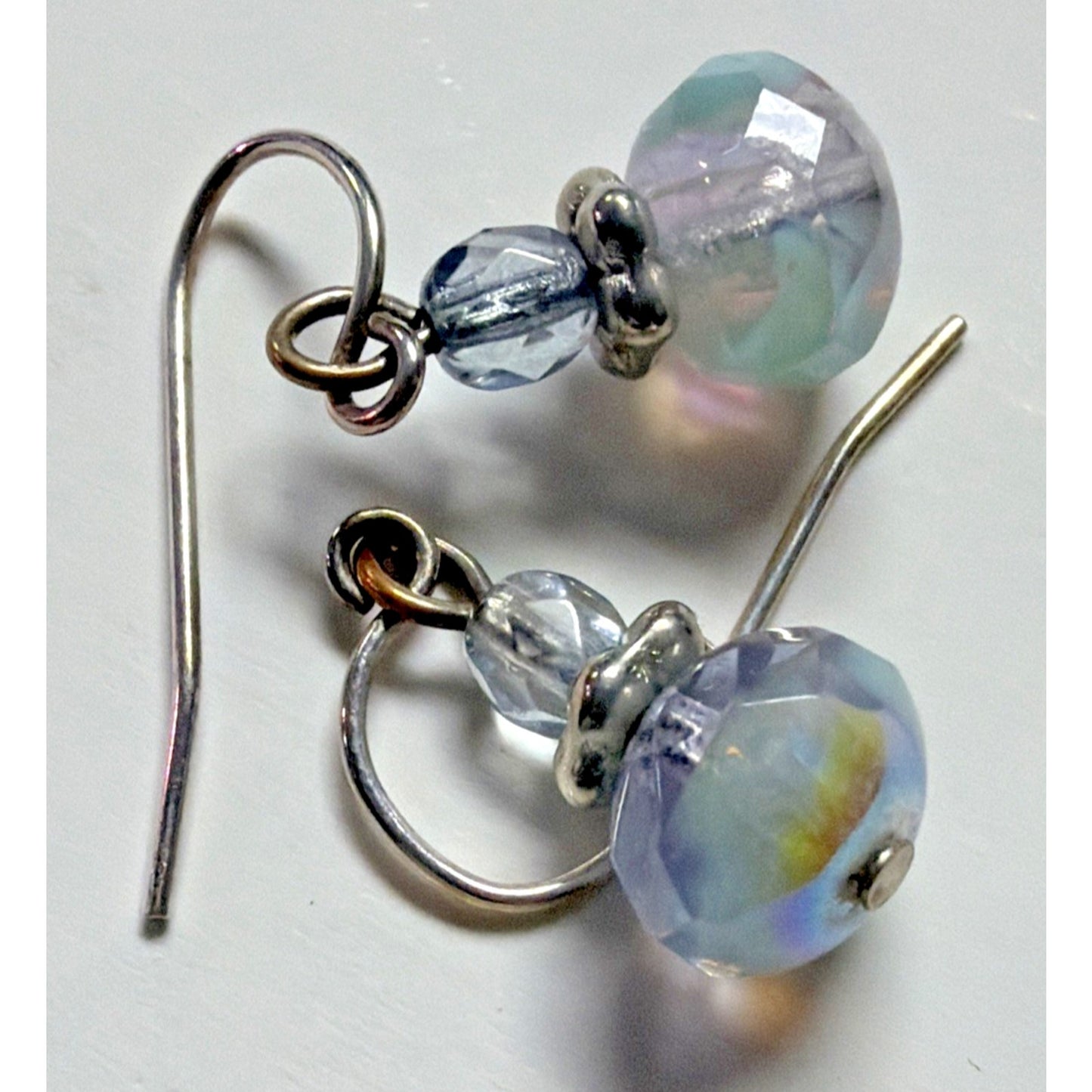 Vintage Sterling Silver Faceted AB Crystal Glass Uranium Dangle Earrings Mottled