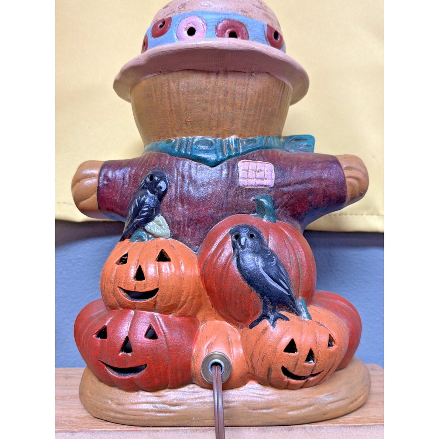 Vintage Ceramic Scarecrow Lamp Hand Painted Pumpkin Jack O Lantern Reflection