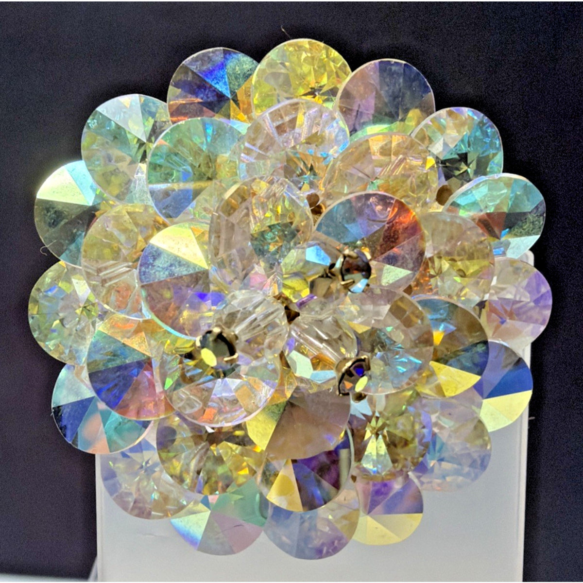Vintage AB Crystal Faceted Rhinestone Brooch Rivoli Beaded