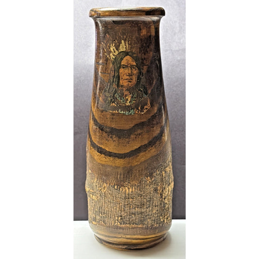 Antique Adirondack Souvenir Wood Turned Vase Bark Native American WI Dells As Is