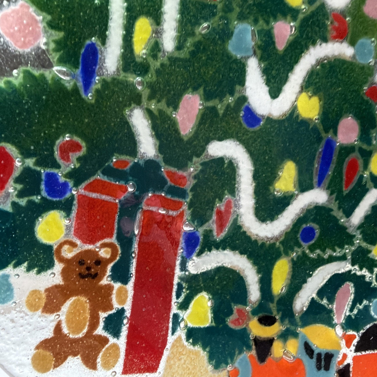 Vintage Peggy Karr Fused Glass Christmas Tree Toy Train Platter Teddy Bear