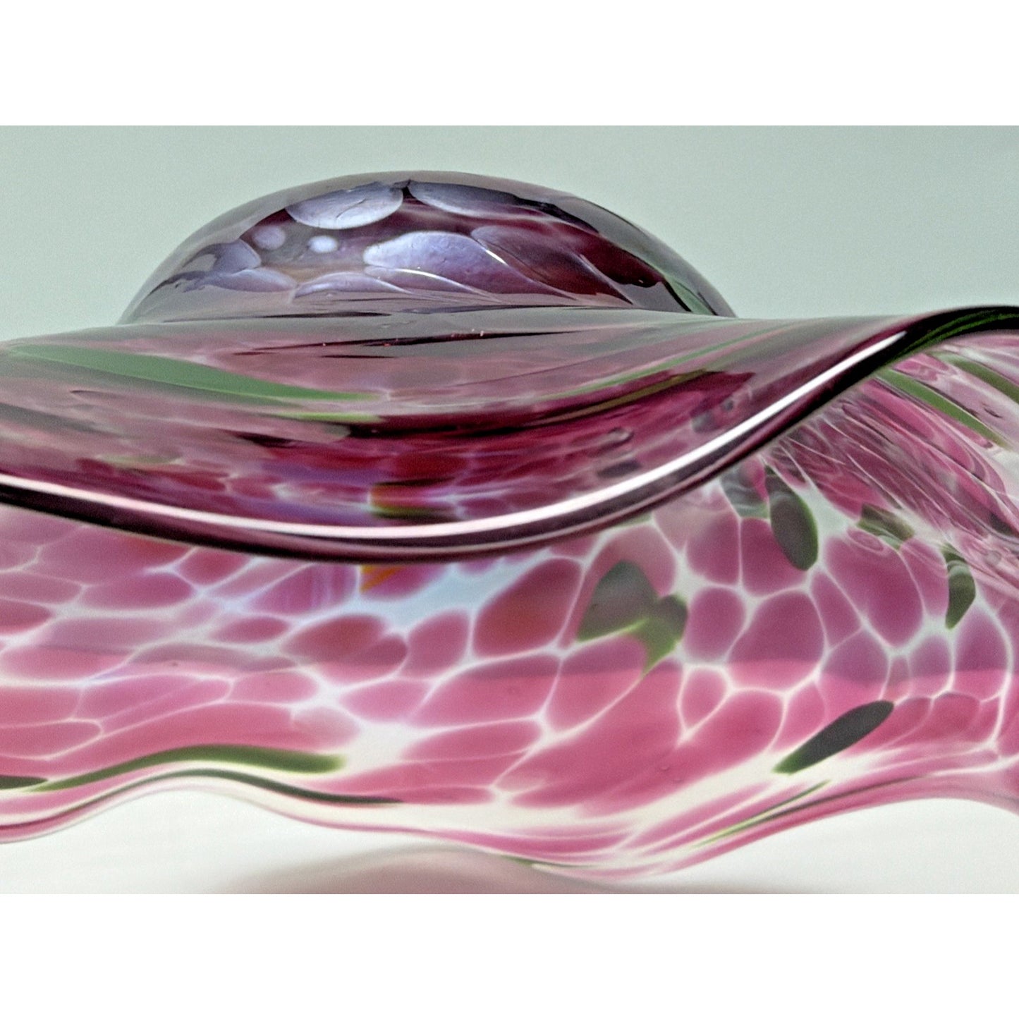 Vintage Blown Glass Bowl Iridescent Mottled Green Cranberry Purple Gold
