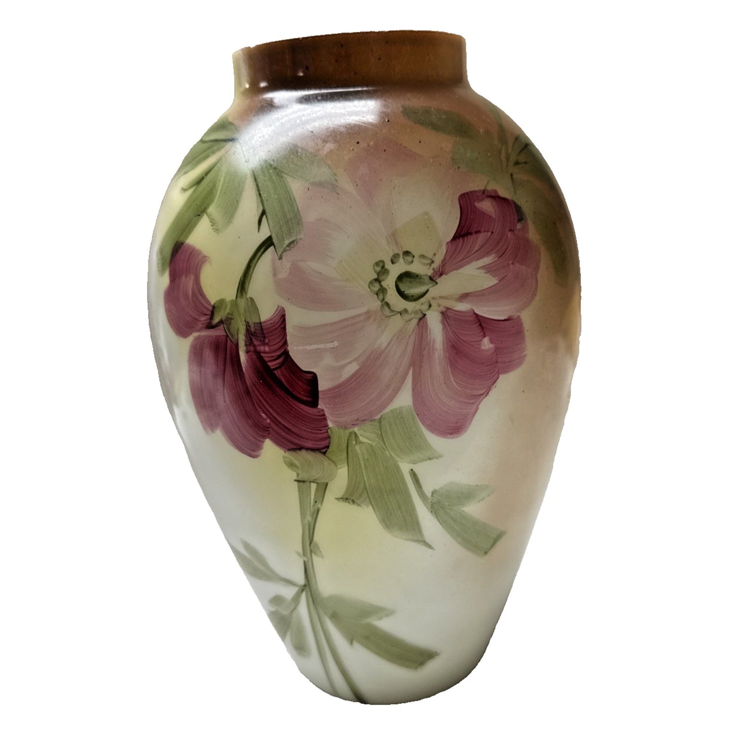 EAPG Victorian Fostoria Opaque Milk Glass Hand Paint Green Rose Bulb Vase As-Is