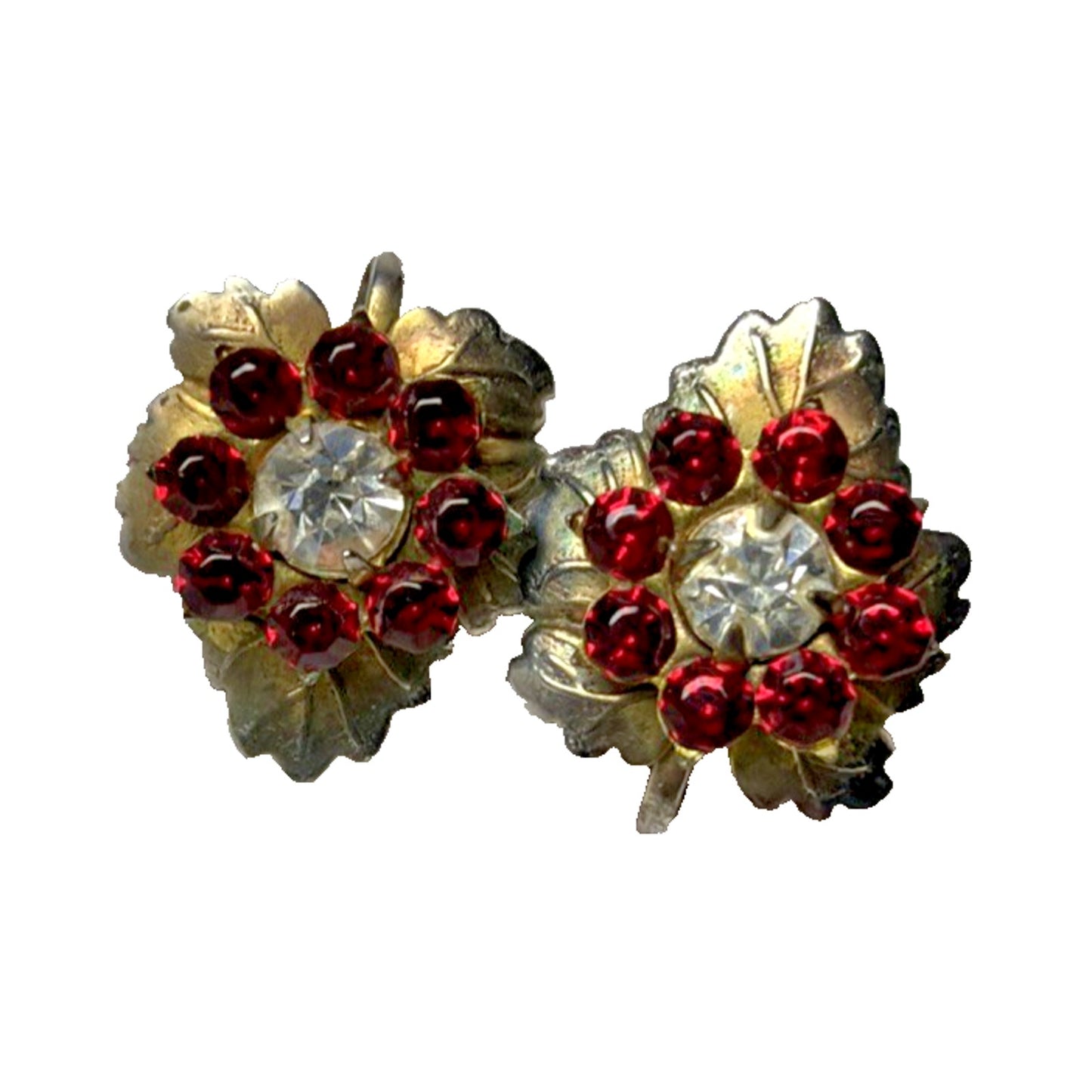 Vintage Gold Tone Leaf Screw Back Earrings Ruby Red Rhinestone White Clear
