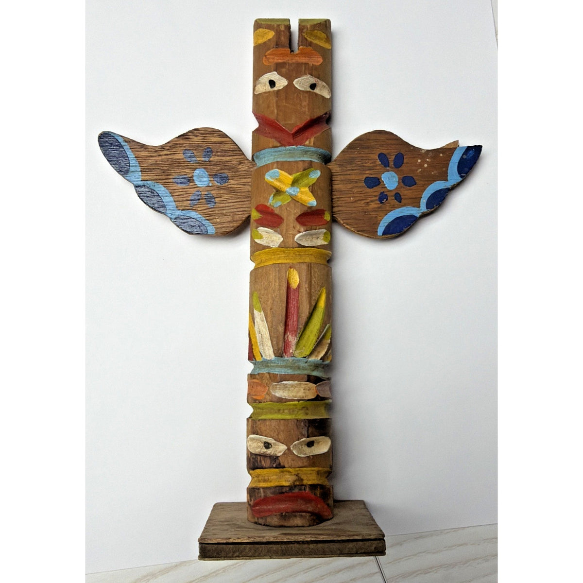 Vintage Chippewa Wood Carved Totem Pole Hand Painted As Is