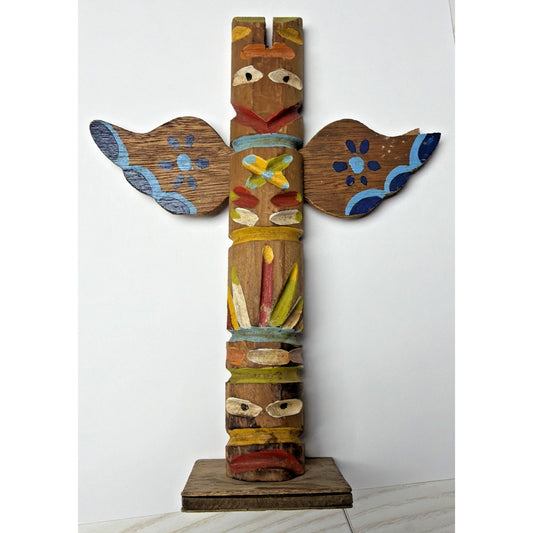 Vintage Chippewa Wood Carved Totem Pole Hand Painted As Is