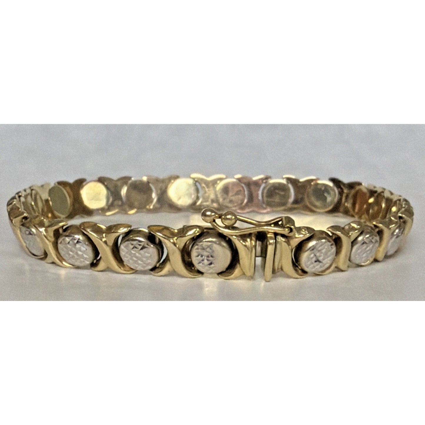 14k Yellow White Gold Diamond Cut XO Link Bracelet Stampato Turkey 9.92 grams