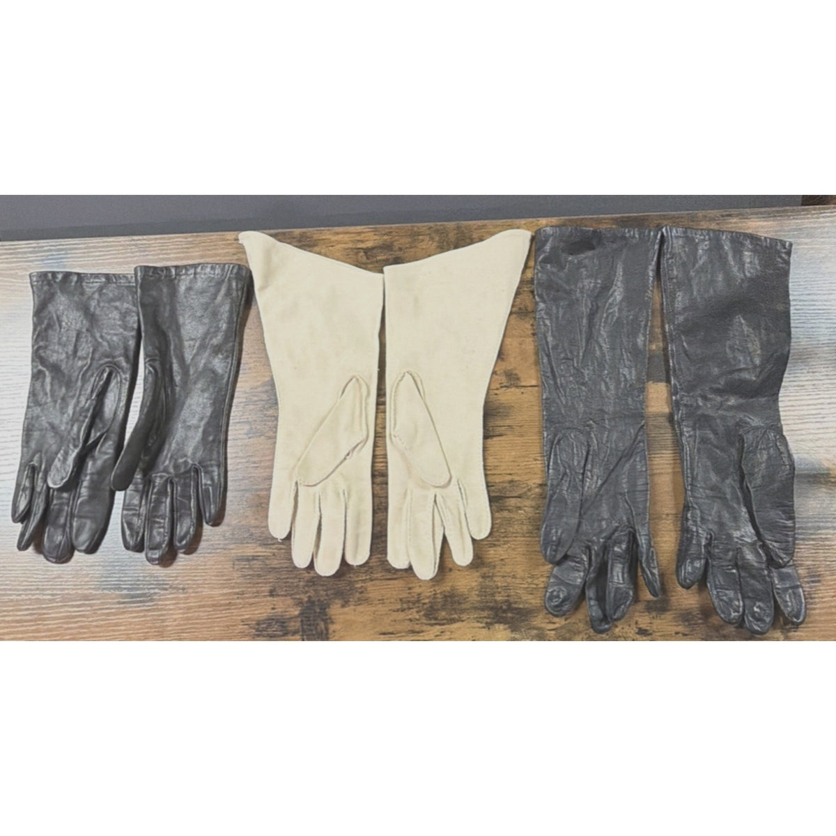 Vtg Lot of 3 Womens Gloves Black Leather Cotton Blend Cream Beaded Grandoe As Is