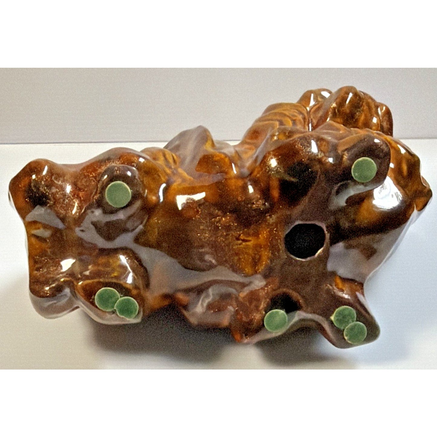 Vintage Pekingese Dog Statue Ceramic Mold Brown Copper Aventurine Glaze Signed