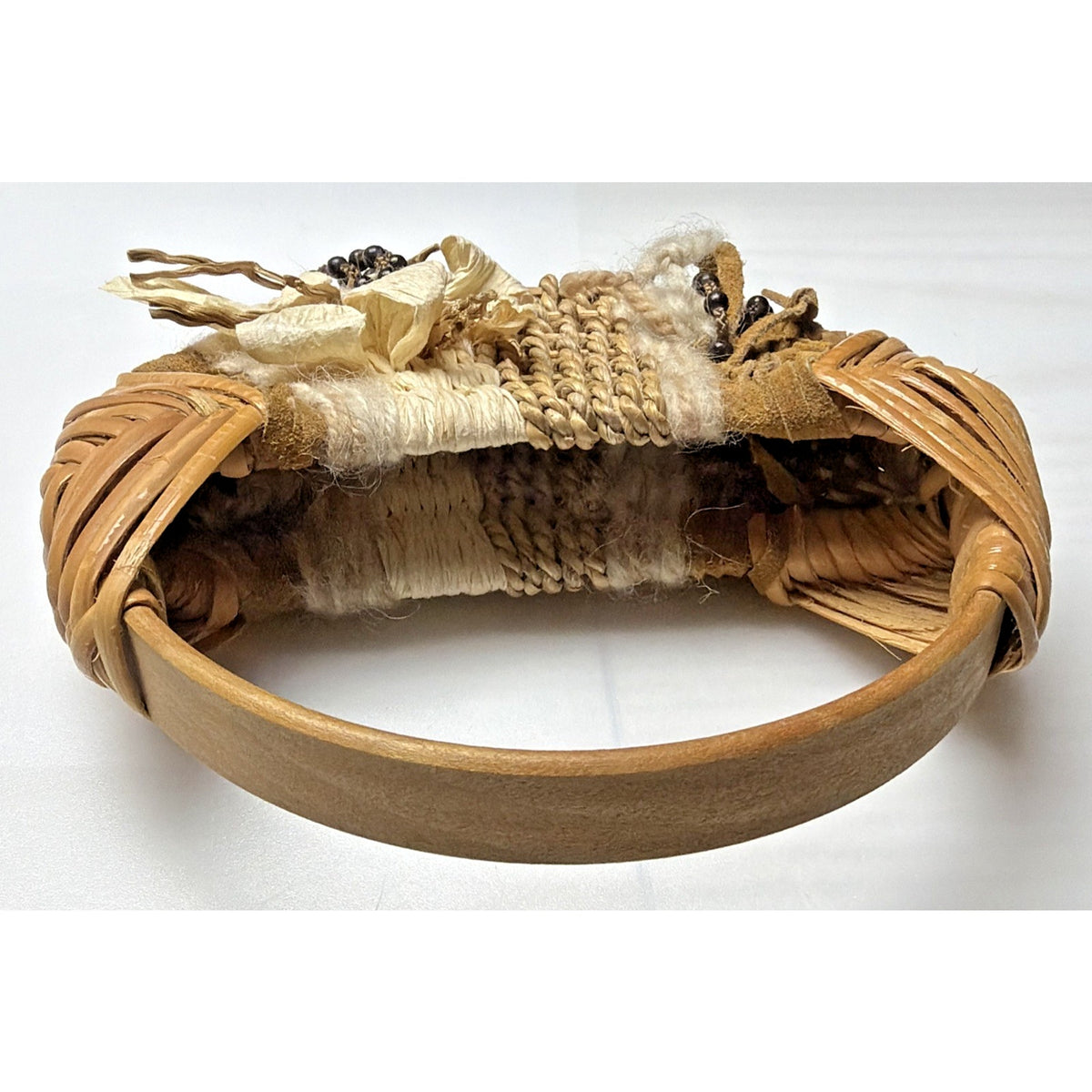 Vtg Hand Woven Basket Splint Wood Gods Eye Hanging Leather Beaded Flower As Is