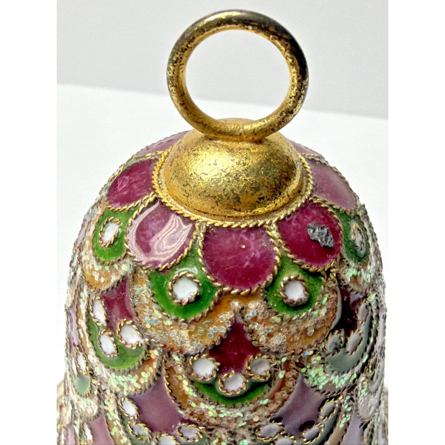 Vtg Enamel Cloisonné Bell Ornament Purple Green Gold Scallop Tree Feather As Is