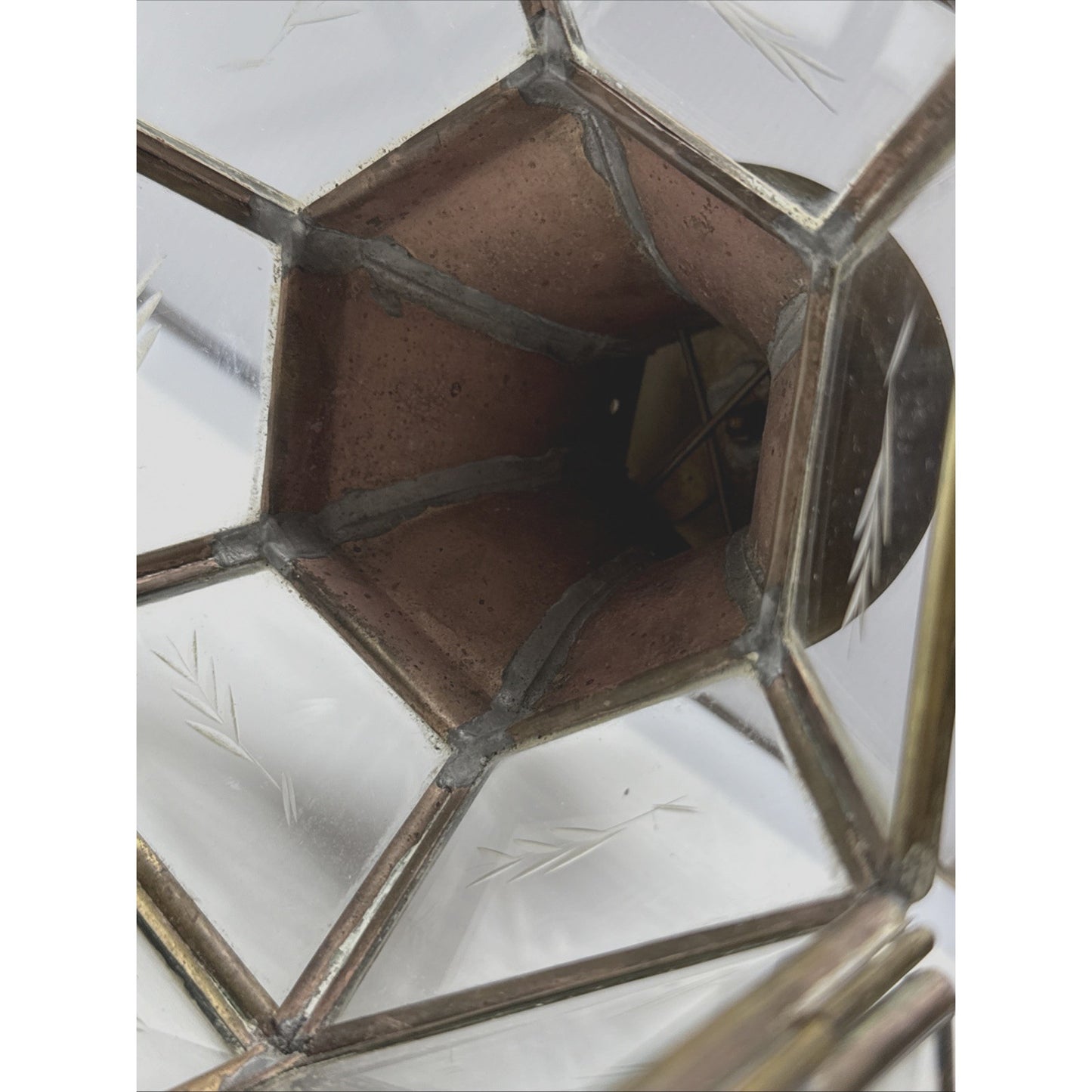 Vintage Yuksel Lambalari Turkish Shepard Brass Candle Lantern Lamp Etched Glass