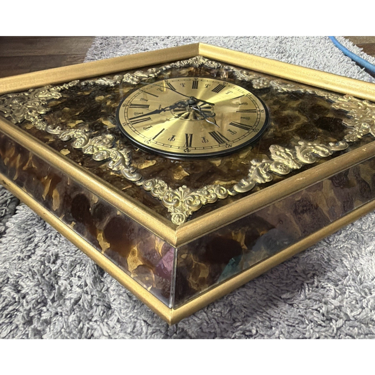 MCM Empire Art Products Co NY Hollywood Regency Wood Framed Clock Gold Brass Met