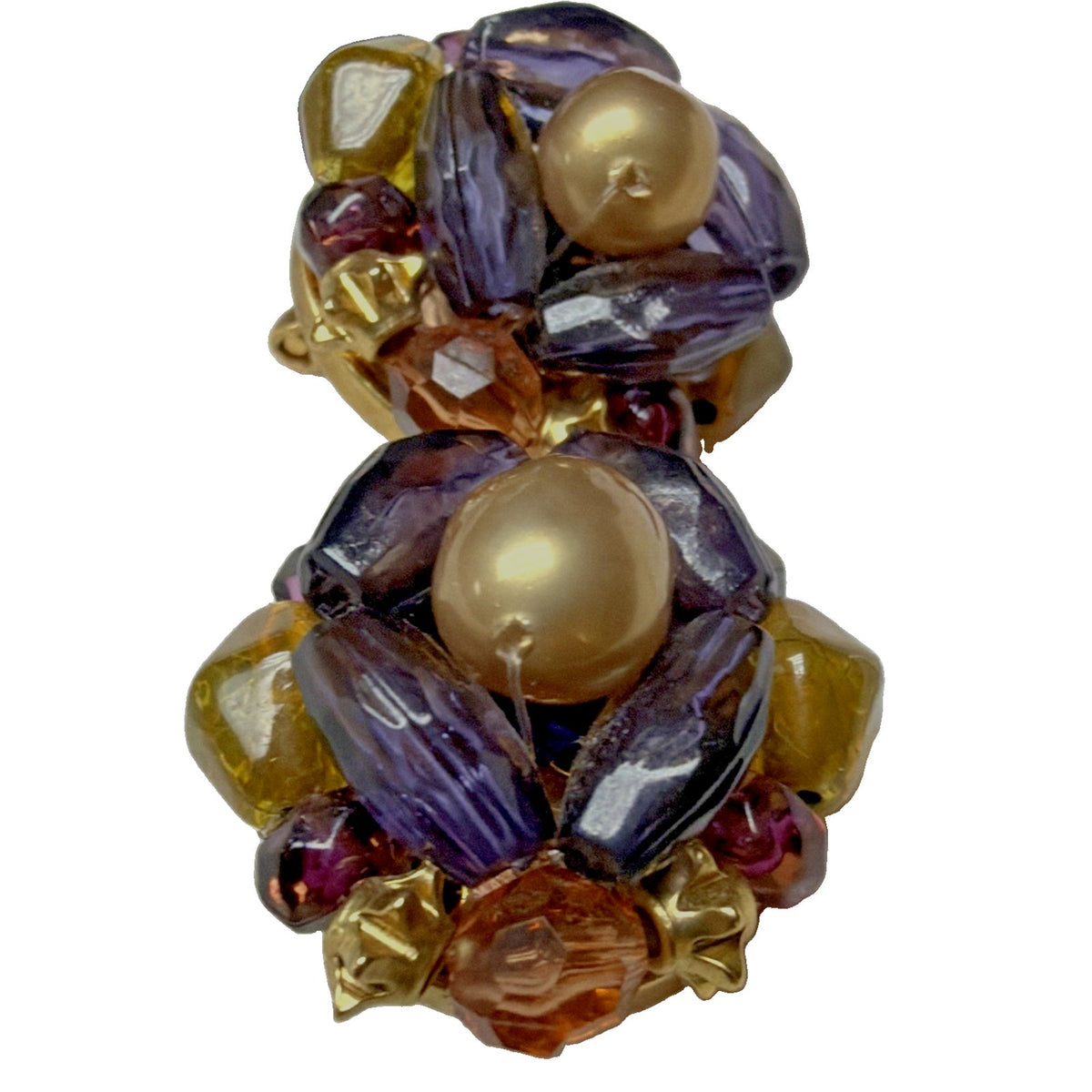Vtg LC Liz Claiborne Omega Clip On Earrings Faux Pearl Multi Beaded Purple Gold