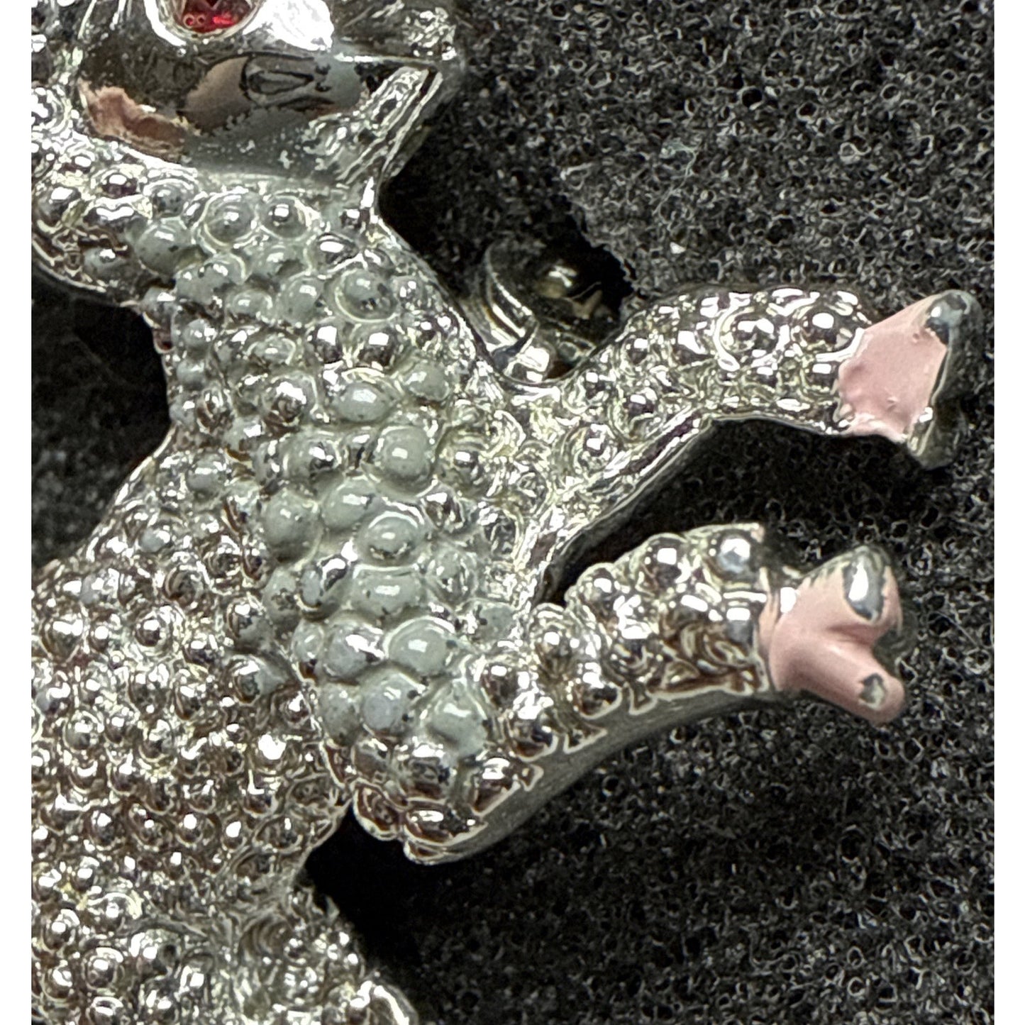 Vtg Silver Tone Little Lamb Brooch Pink Painted Feet Red Rhinestone Eyes As-Is