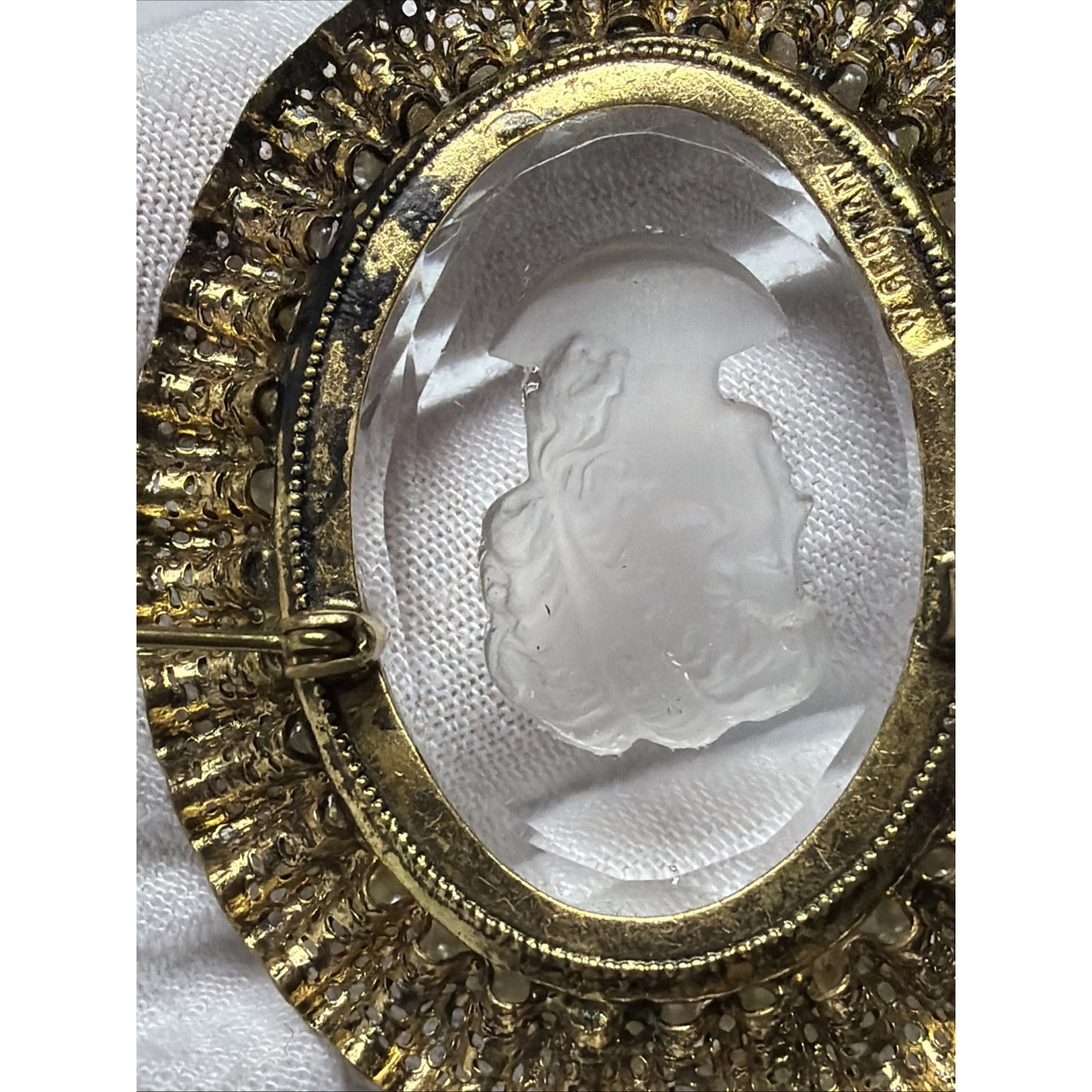West Germany Intaglio Victorian Cameo Faceted Brooch Filigree Mini Faux Pearls