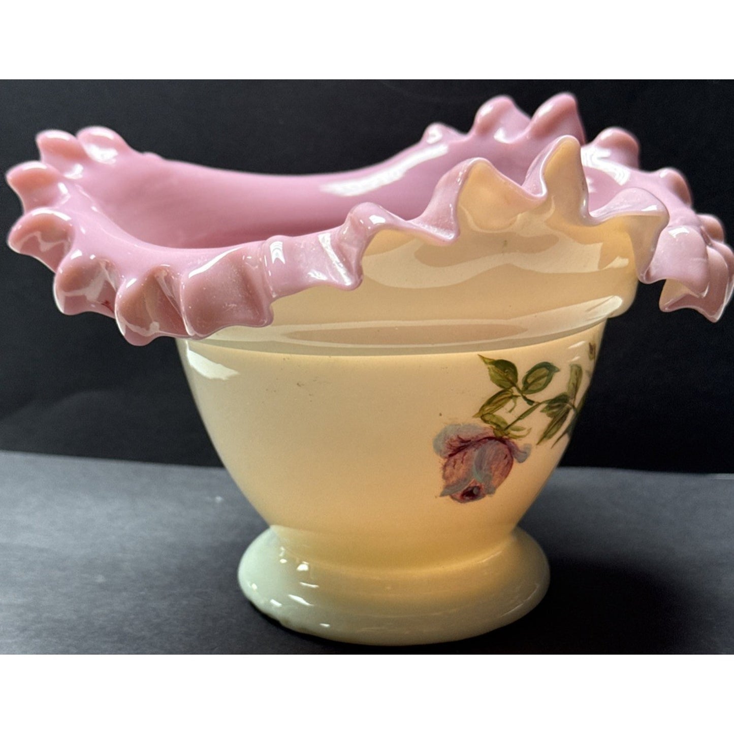 Victorian Peach Blow Vase Bowl Crimped Edge Enameled Floral Footed Signed As-Is