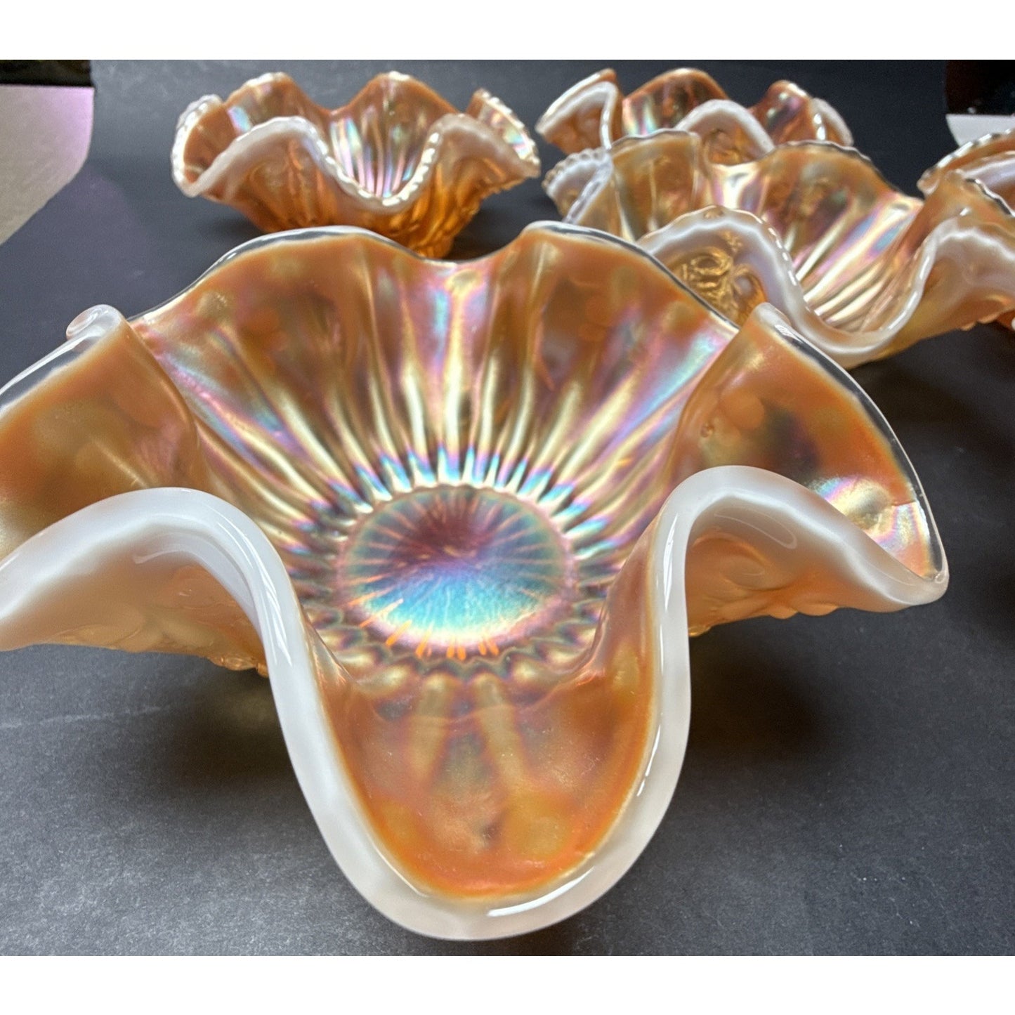 Lot of 7 Dugan Glass Peach Opal Carnival Ray Jewel Heart Master Berry Bowl As-Is