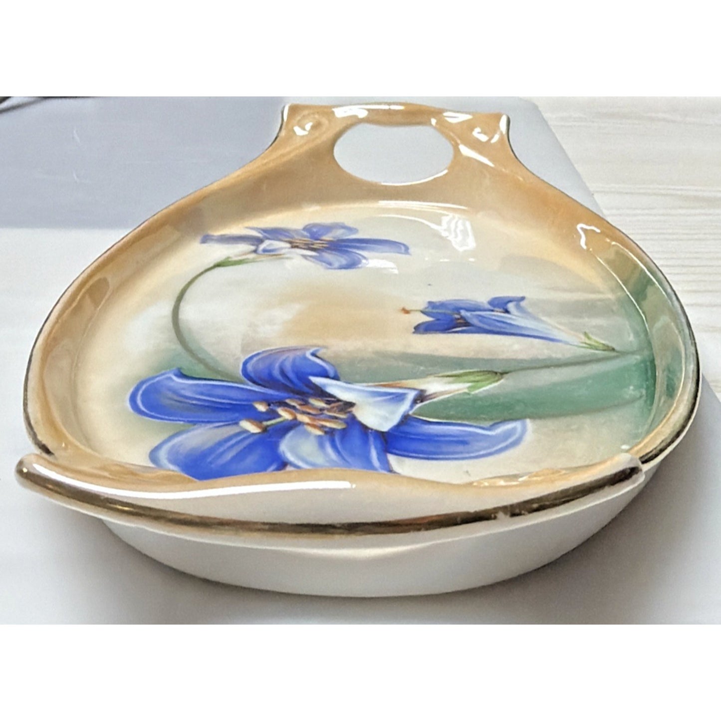 Antique RS Germany Hand Painted Luster Celery Tray Purple Floral Serving Vanity