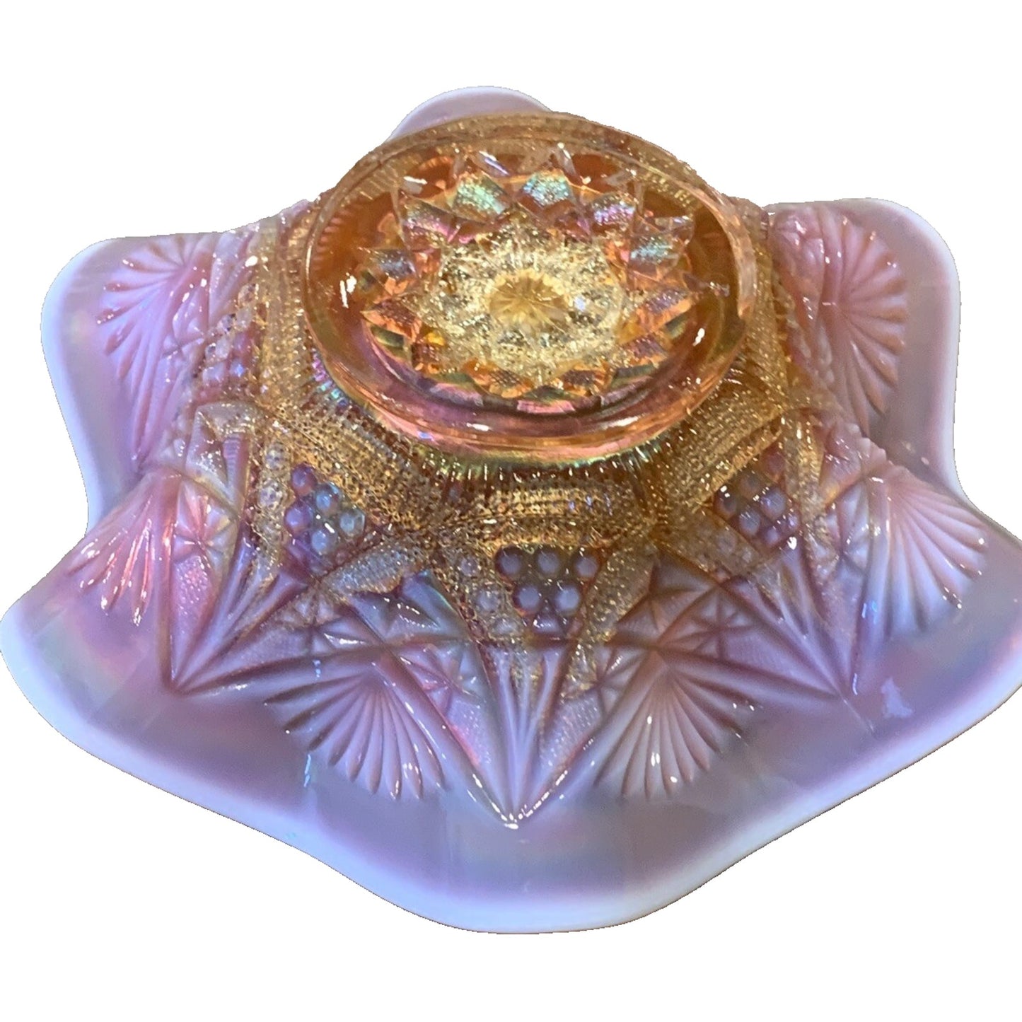 EAGP Dugan Glass Marigold Carnival Peach Opalescent Ski Star Master Bowl As-Is