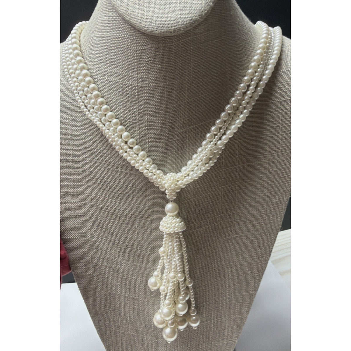 Vintage Multi Strand Faux Pearl Necklace Lariat Long Clasp