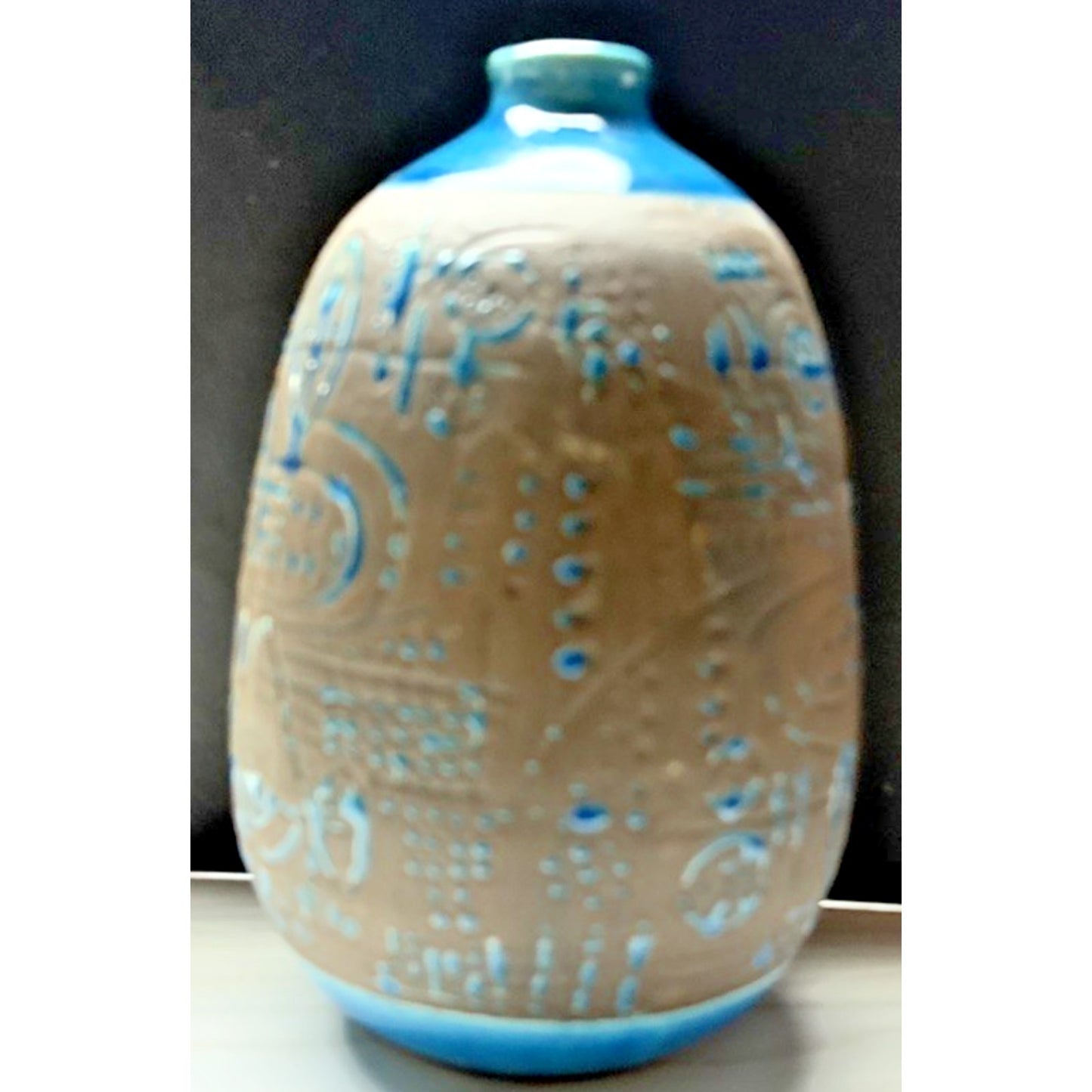 Contemporary Ashluxe Handmade Ceramic Table Vase Script Blue Brown Crackle As Is