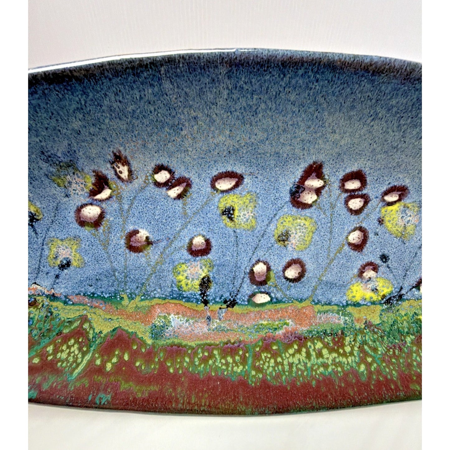 Phil Morgan Art Pottery Long Oval Platter Glazed Hand Painted Flowers Stems