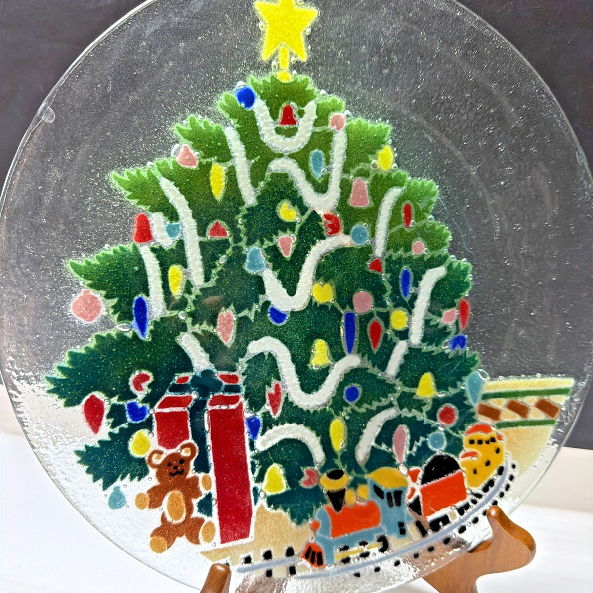 Vintage Peggy Karr Fused Glass Christmas Tree Toy Train Platter Teddy Bear