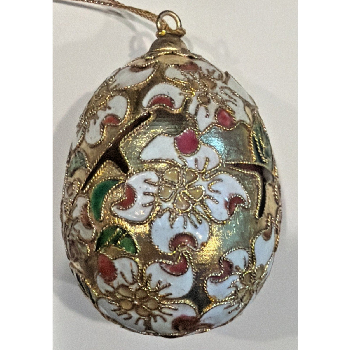 Vintage Enamel Cloisonné Egg Ornament Floral White Gold As Is