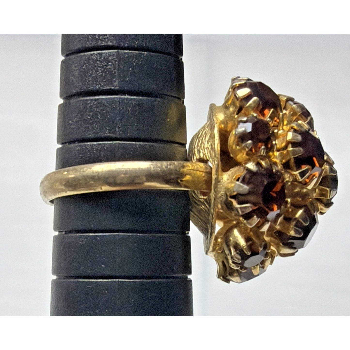 Vtg Gold Tone Adjustable Ring Amber Brown Rhinestone Cluster Prong Dome As Is